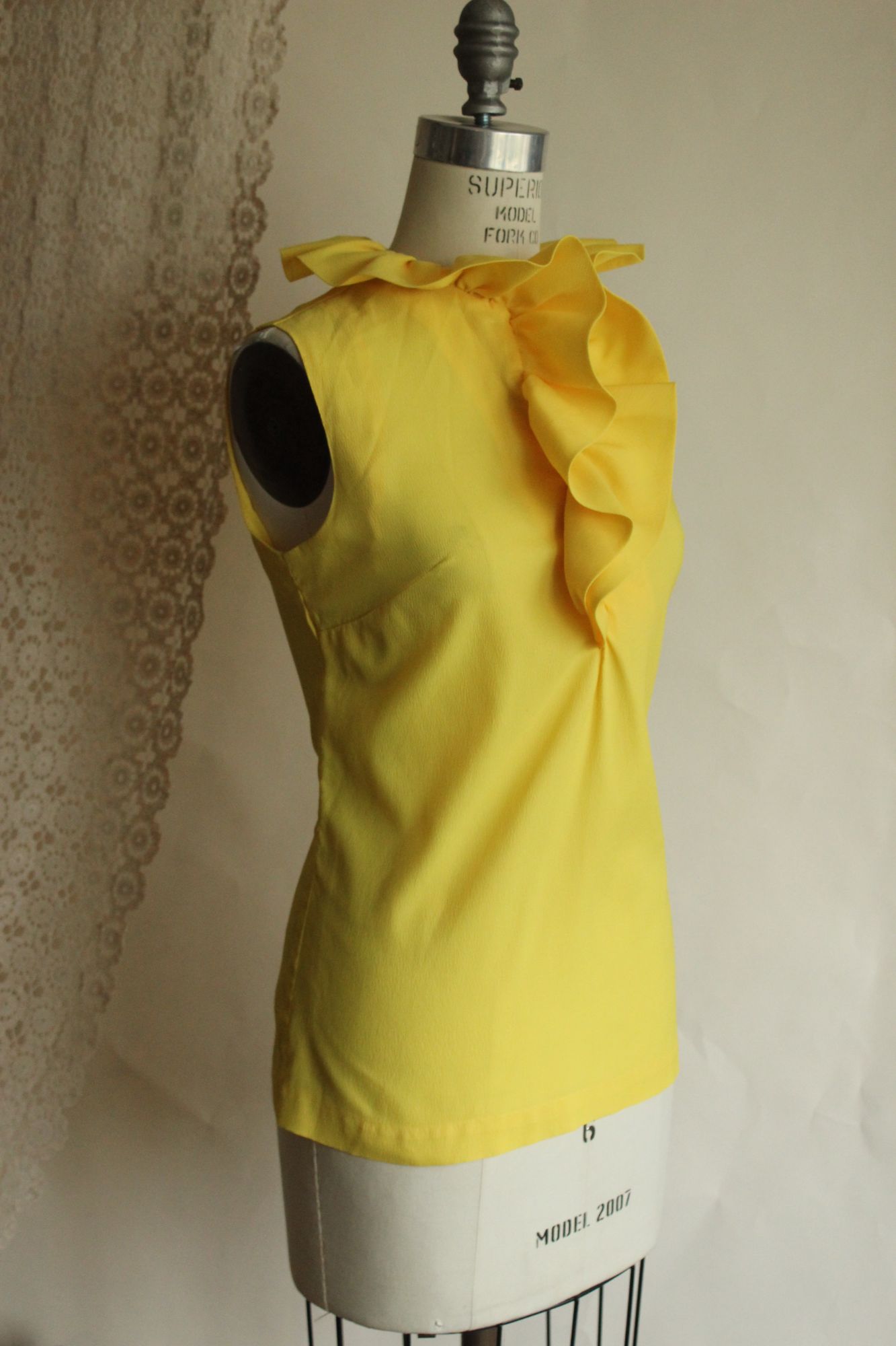 Vintage 1960s Teddi of California Yellow Ruffle Collar Blouse