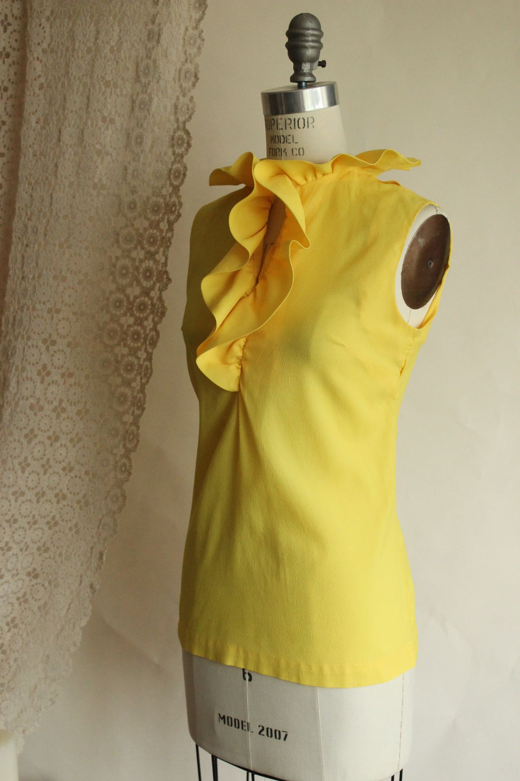 Vintage 1960s Teddi of California Yellow Ruffle Collar Blouse