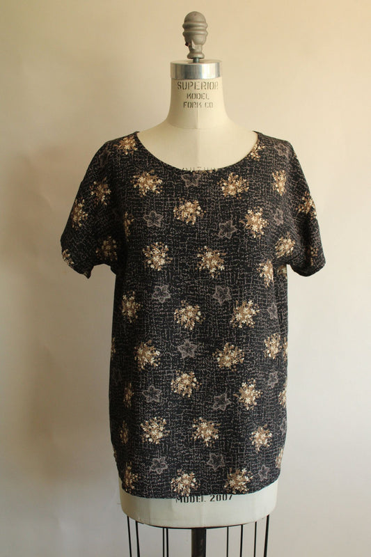 Vintage 1990s Black and Gold and Gray Floral Print Top