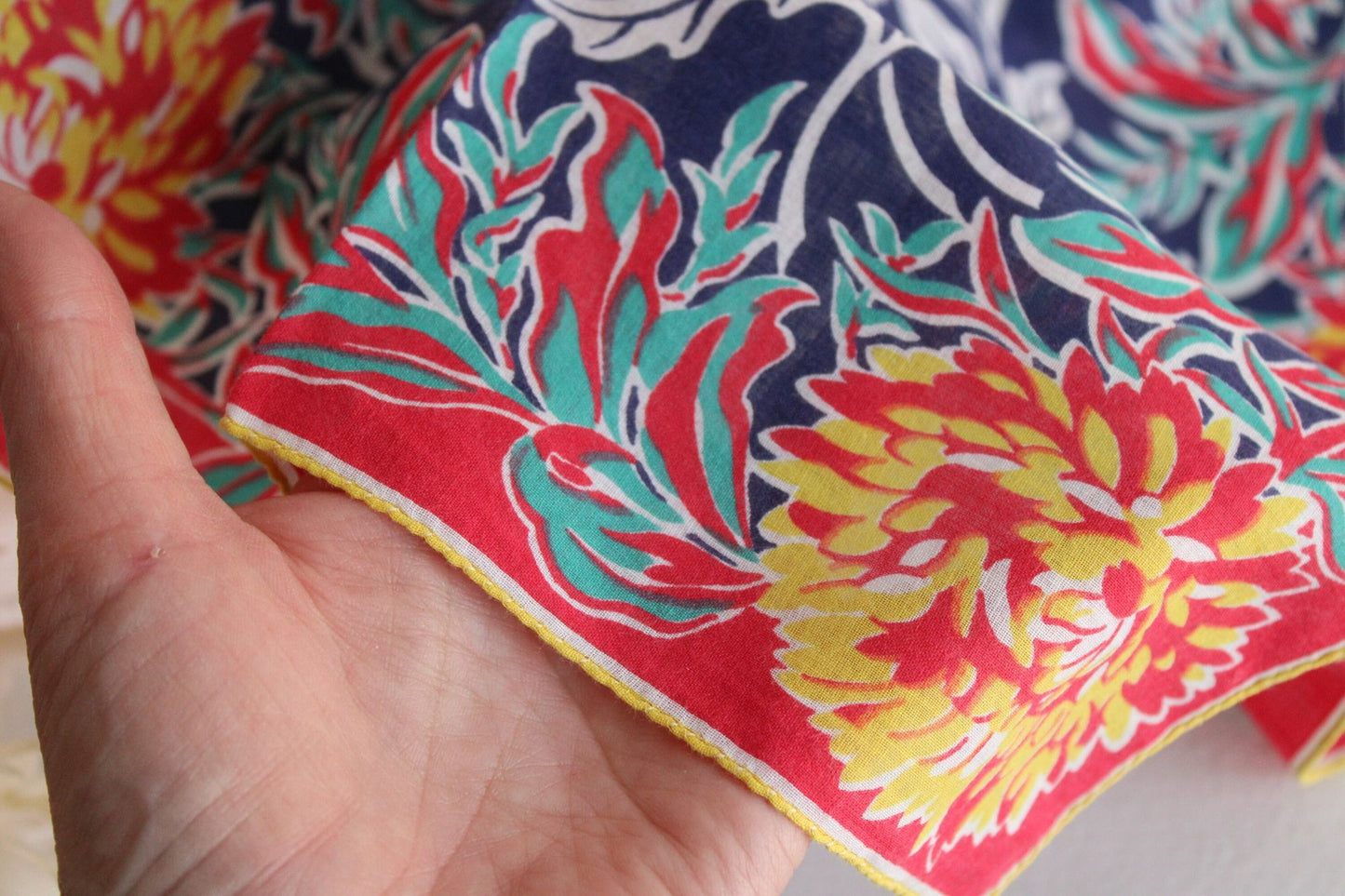 Vintage 1940s Red Blue and Yellow Floral and Leaf Print Hankie