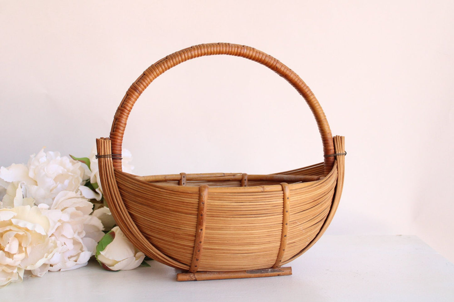 Vintage Wicker or Rattan Type Light Brown Oval Basket with Handle