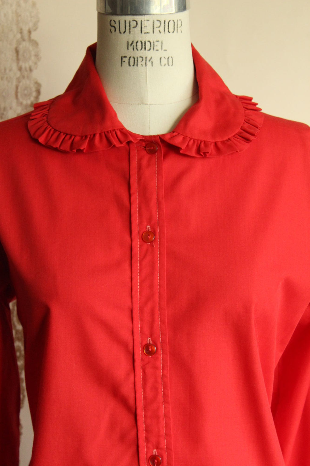 Vintage 1970s Lady Marlboro Red Button Up Shirt with Ruffled Collar