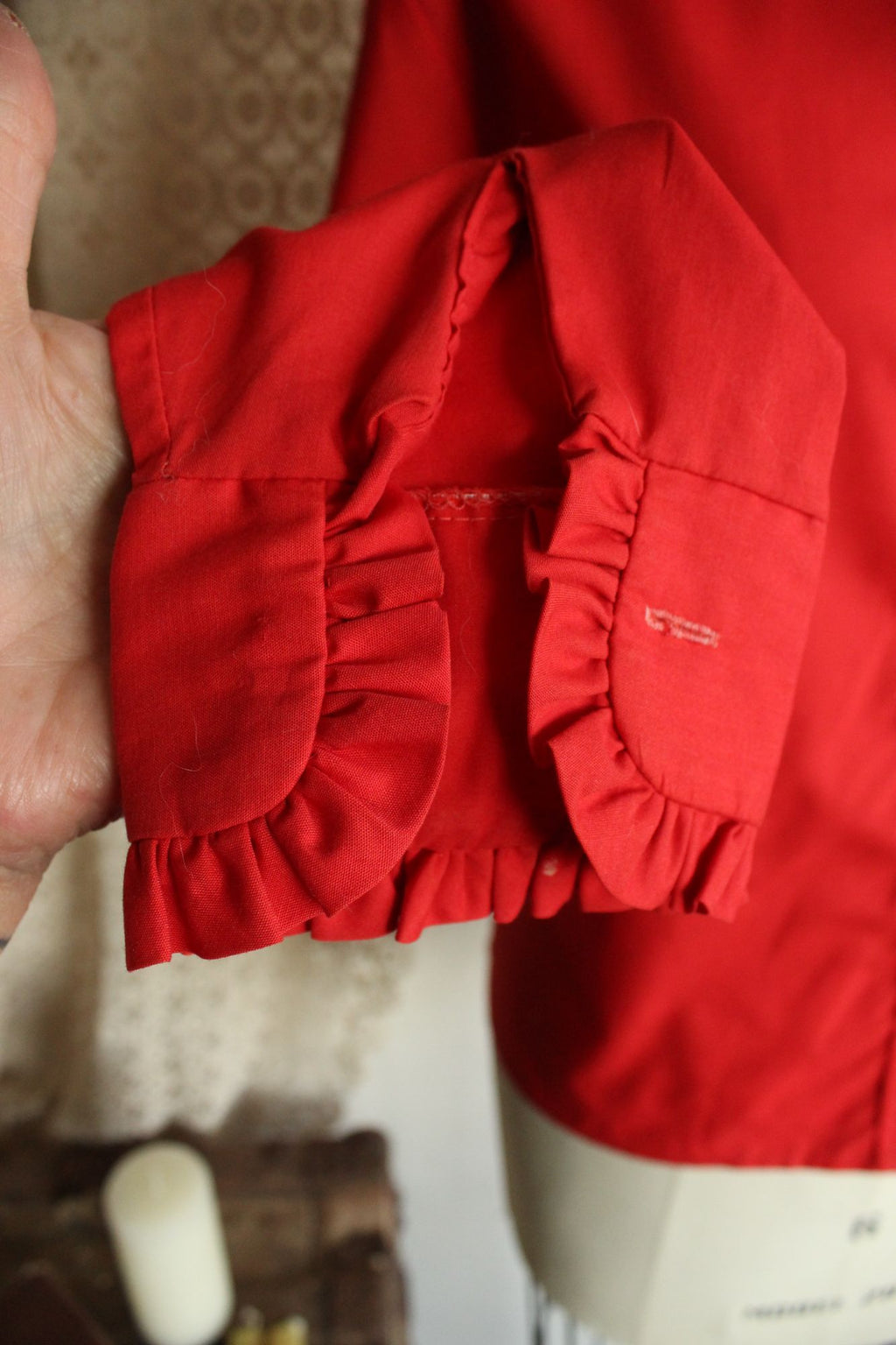 Vintage 1970s Lady Marlboro Red Button Up Shirt with Ruffled Collar