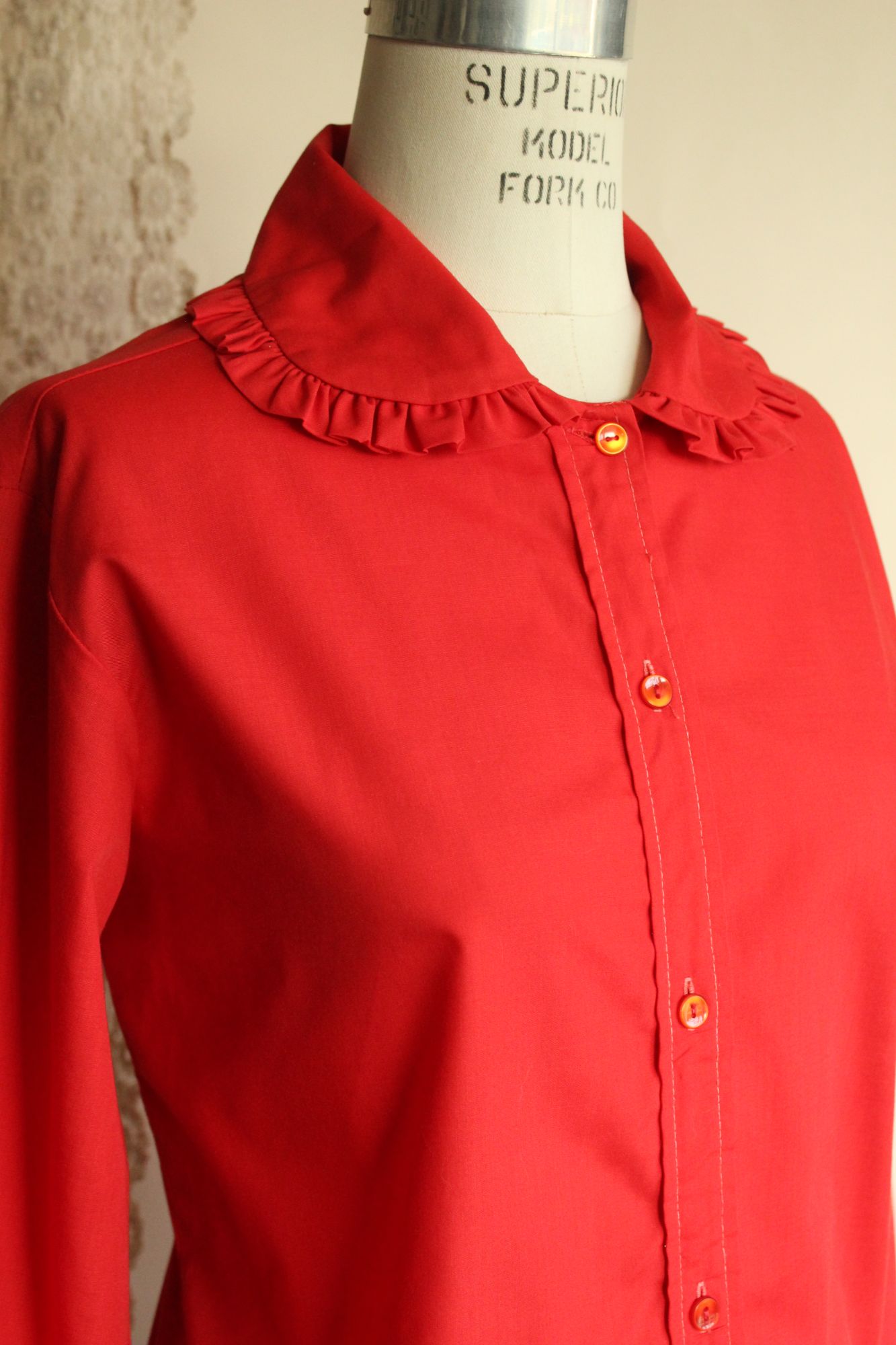 Vintage 1970s Lady Marlboro Red Button Up Shirt with Ruffled Collar