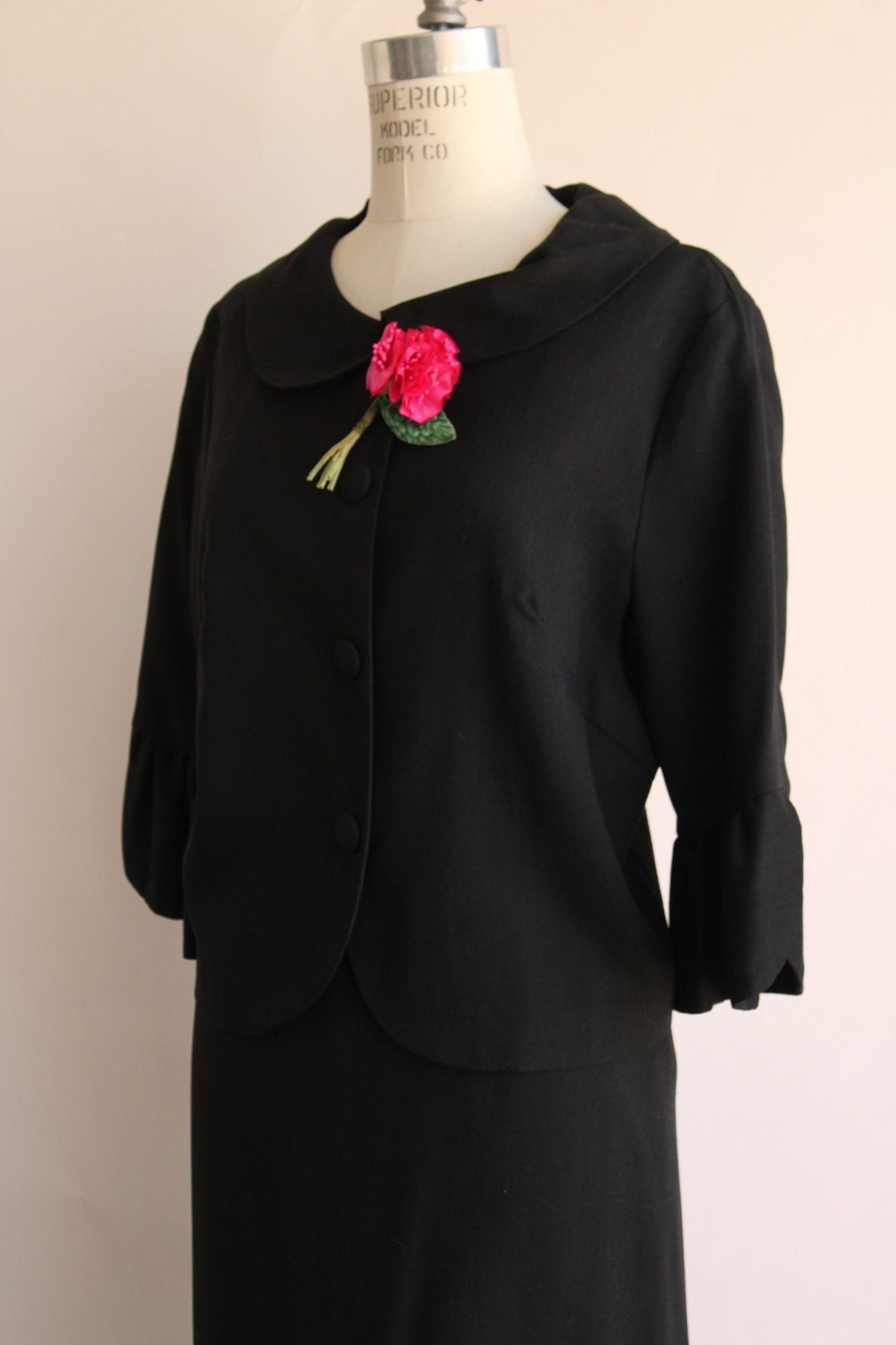Vintage 1960s Black Skirt Suit with Rose Brooch by Sue Leslie
