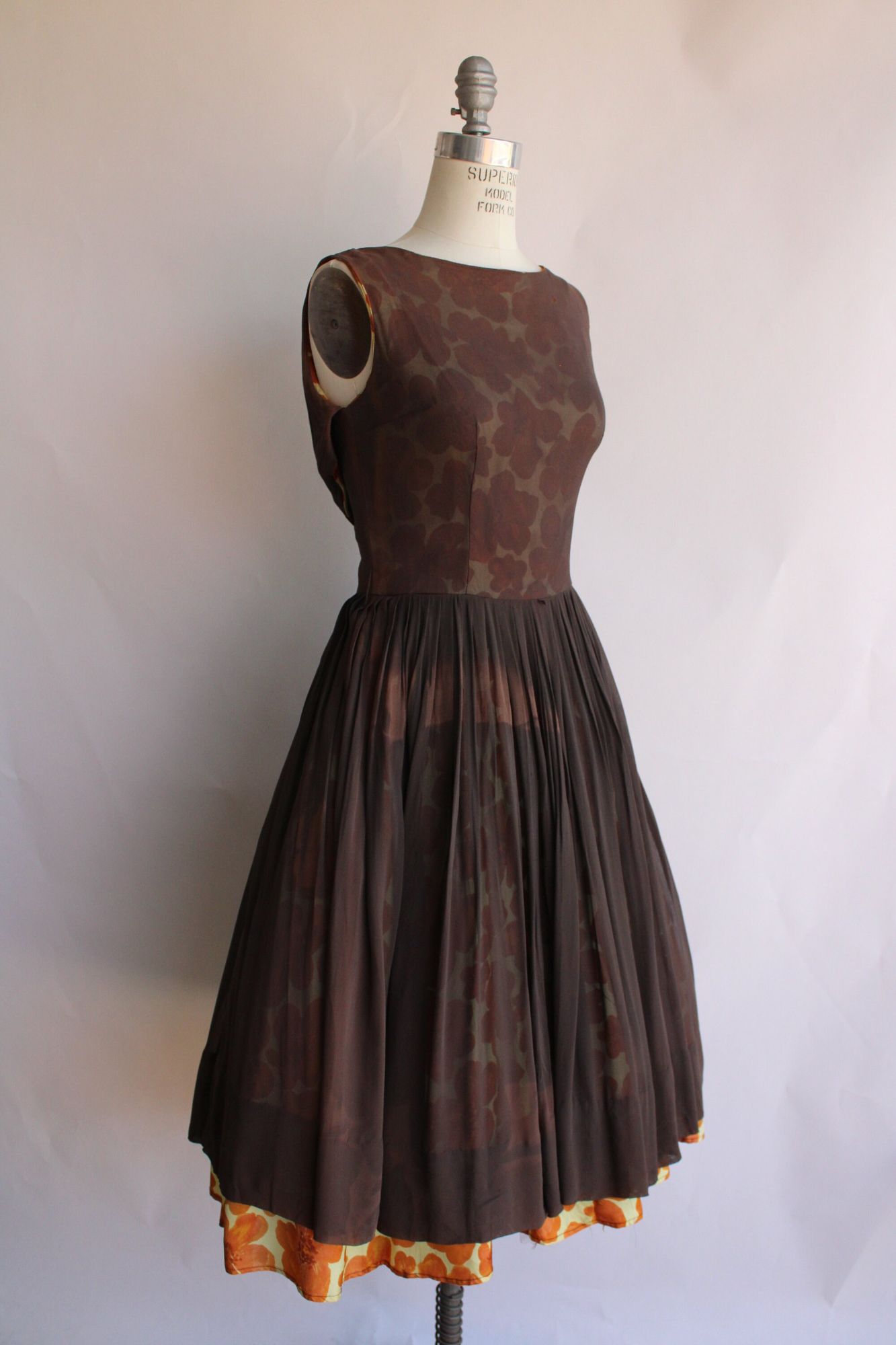 Vintage 1950s Yellow and Brown Floral Fit And Flare Dress