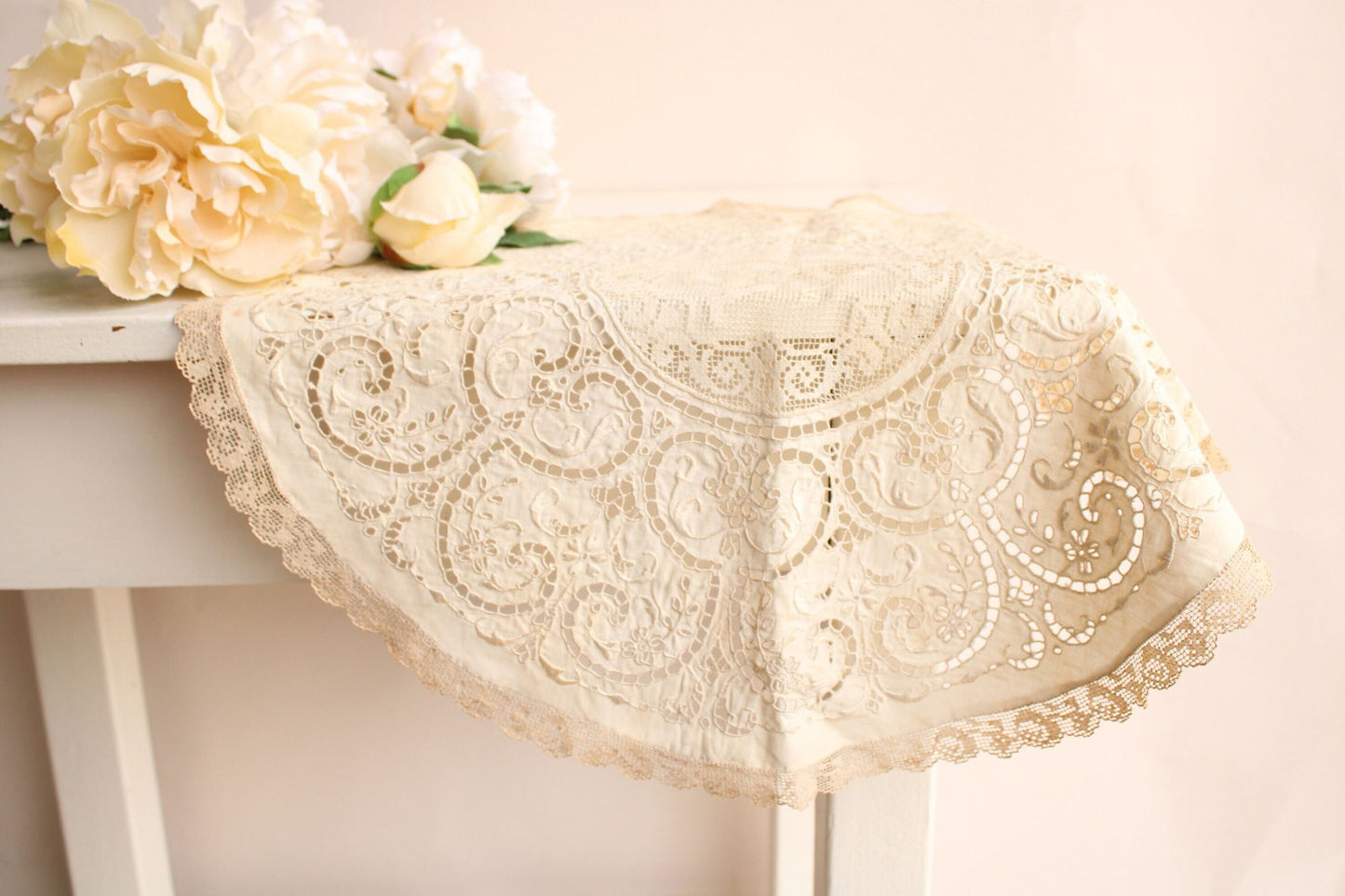Vintage 1920s 1930s Doily of Embroidered Linen and Lace with a Cherub Pattern
