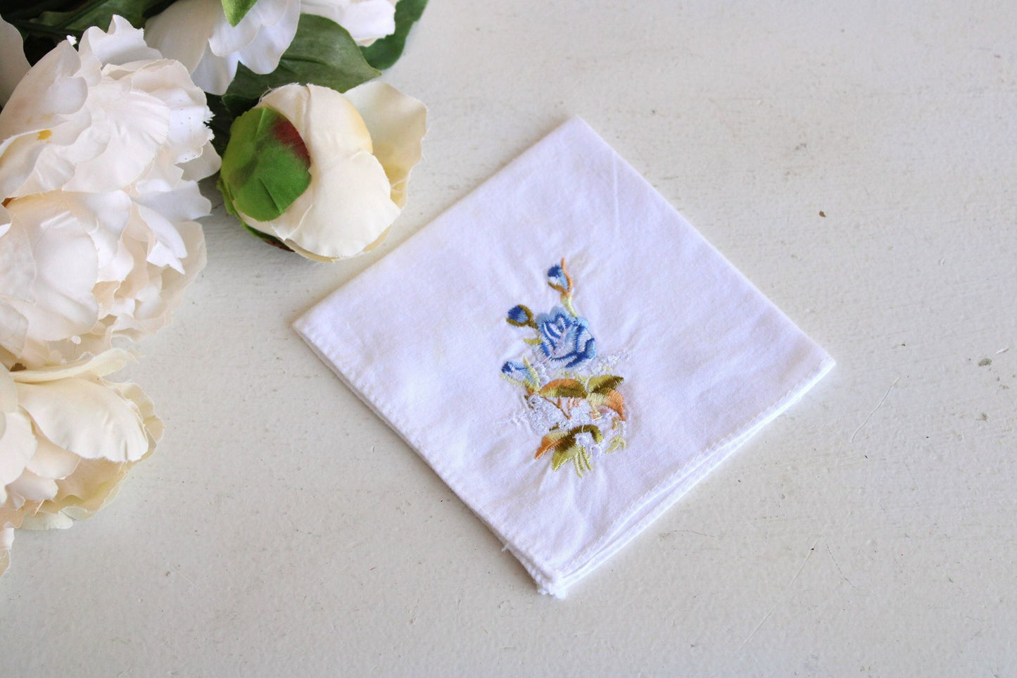 Vintage White Cotton With Blue Embroidered Roses Hanky