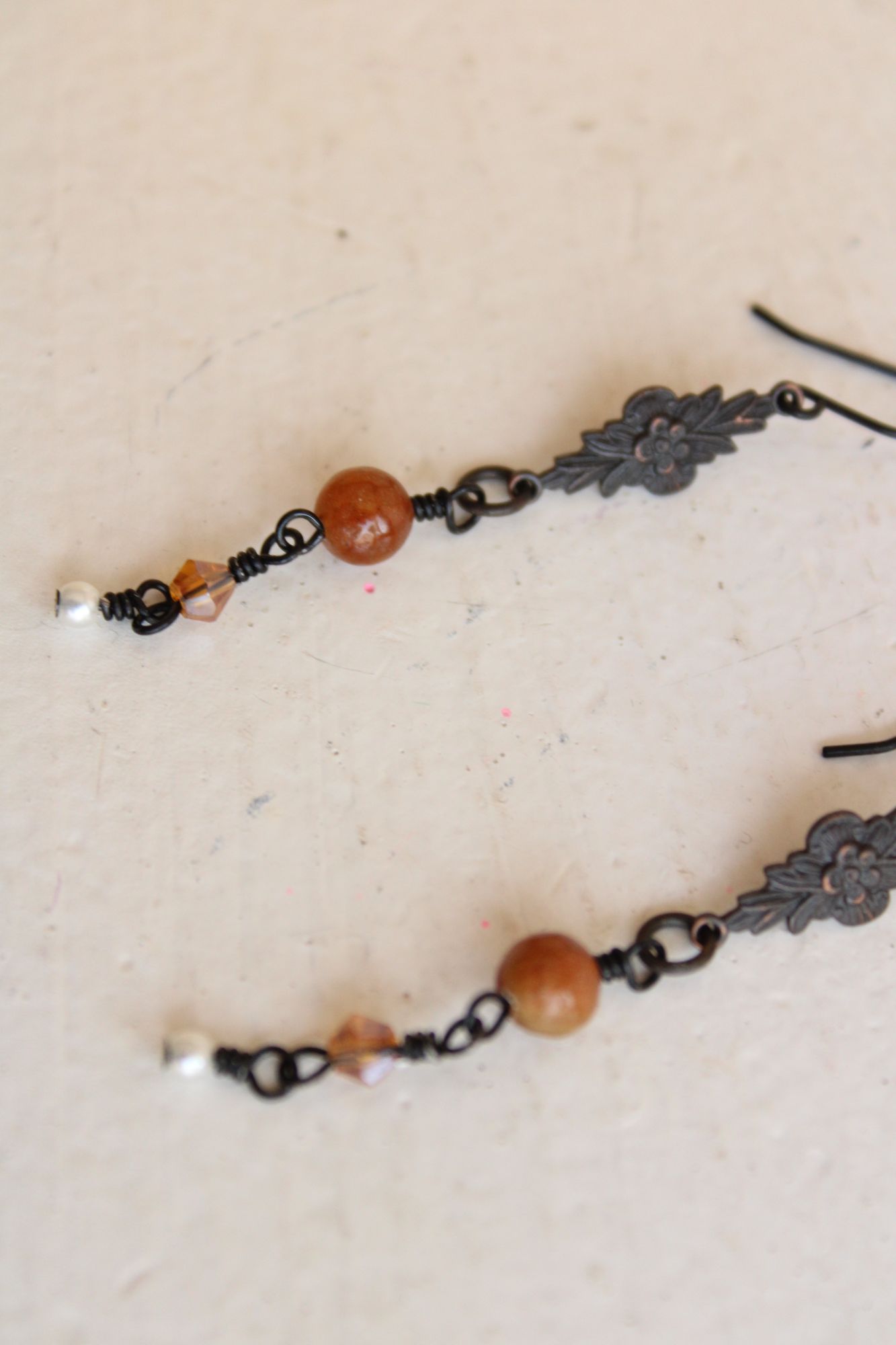 Handmade Women's Earrings, Black Metal with Brown Beads and a Faux Pearl Dangles
