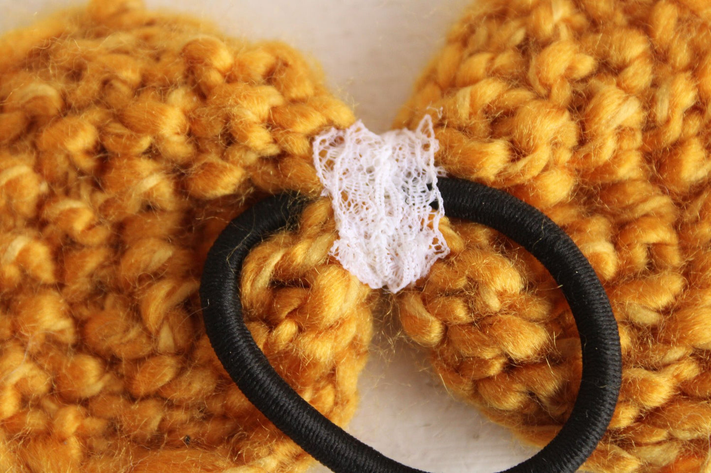 "Candlelight" Handknitted Golden Yellow Hair Bow with Vintage Lace Trim