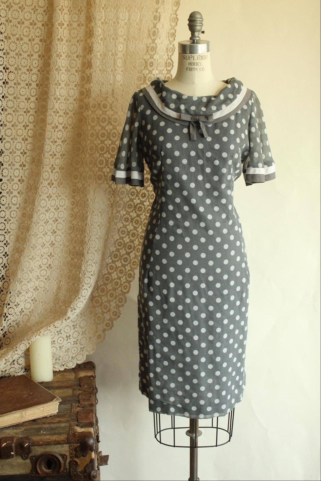 Vintage 1960s Dress, Volup Gray and White Polkadot with Bertha Collar, Mod Style