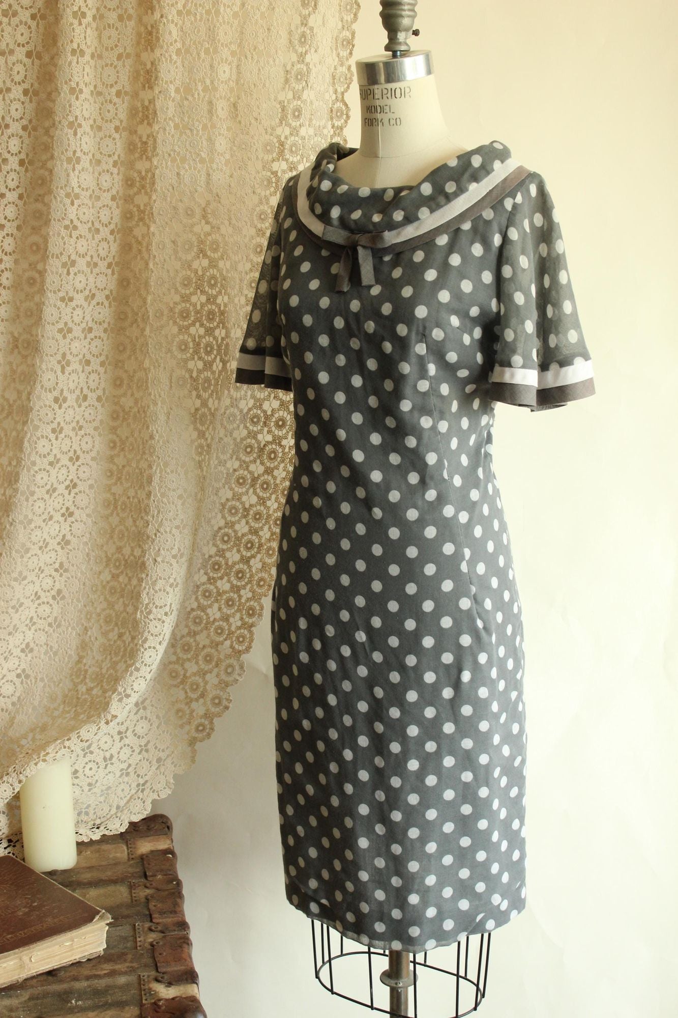 Vintage 1960s Dress, Volup Gray and White Polkadot with Bertha Collar, Mod Style