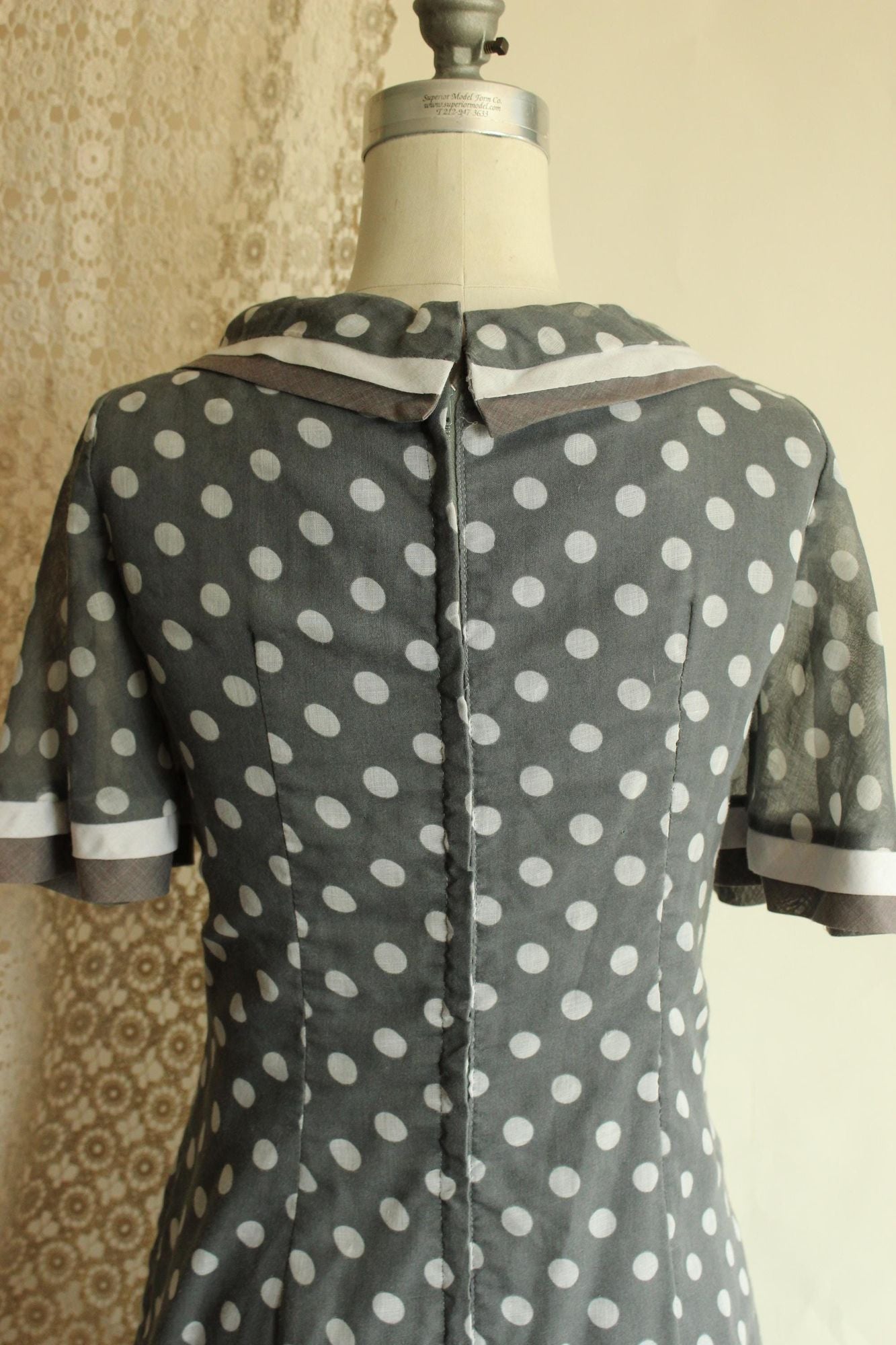 Vintage 1960s Dress, Volup Gray and White Polkadot with Bertha Collar, Mod Style
