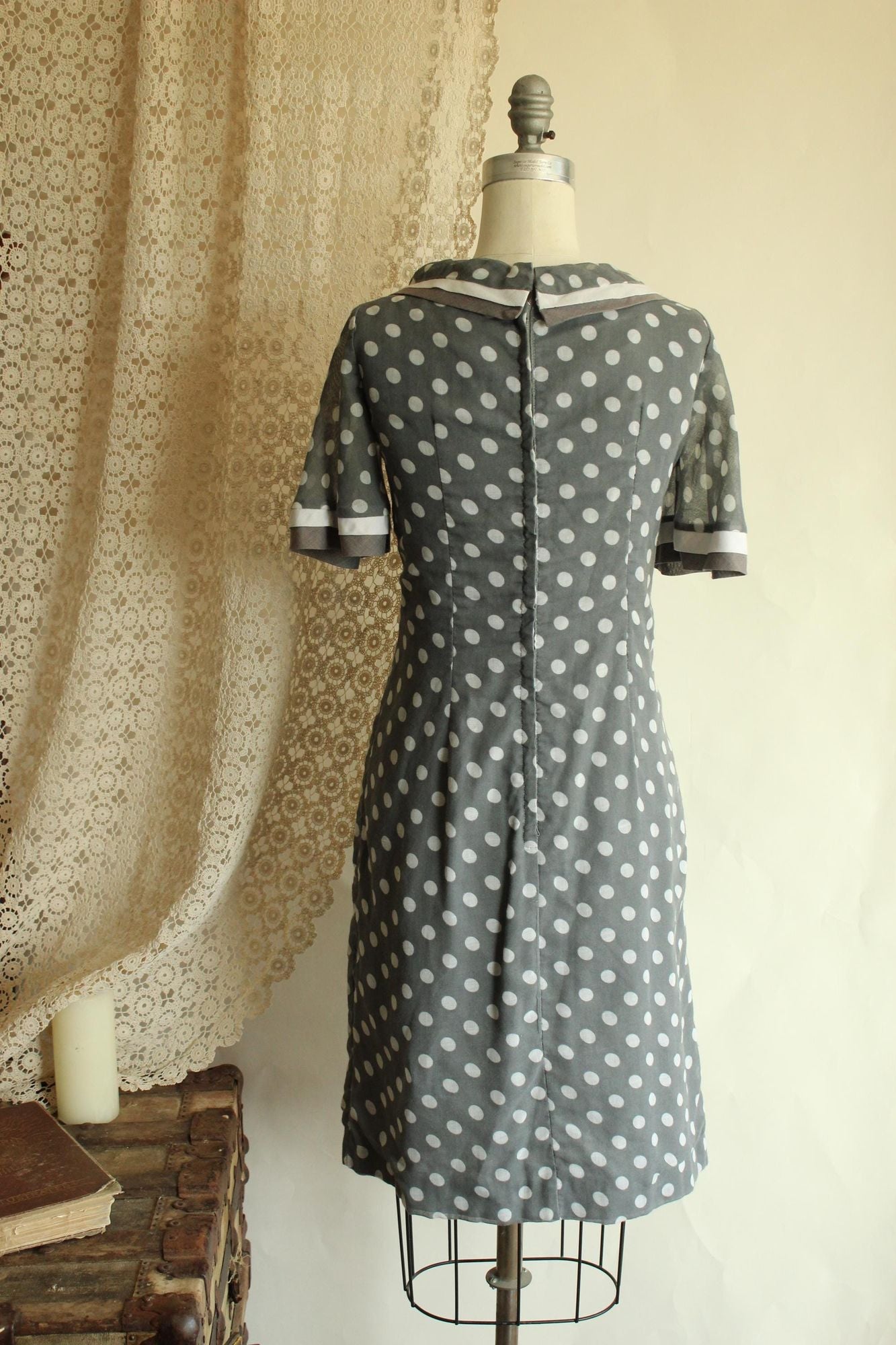 Vintage 1960s Dress, Volup Gray and White Polkadot with Bertha Collar, Mod Style