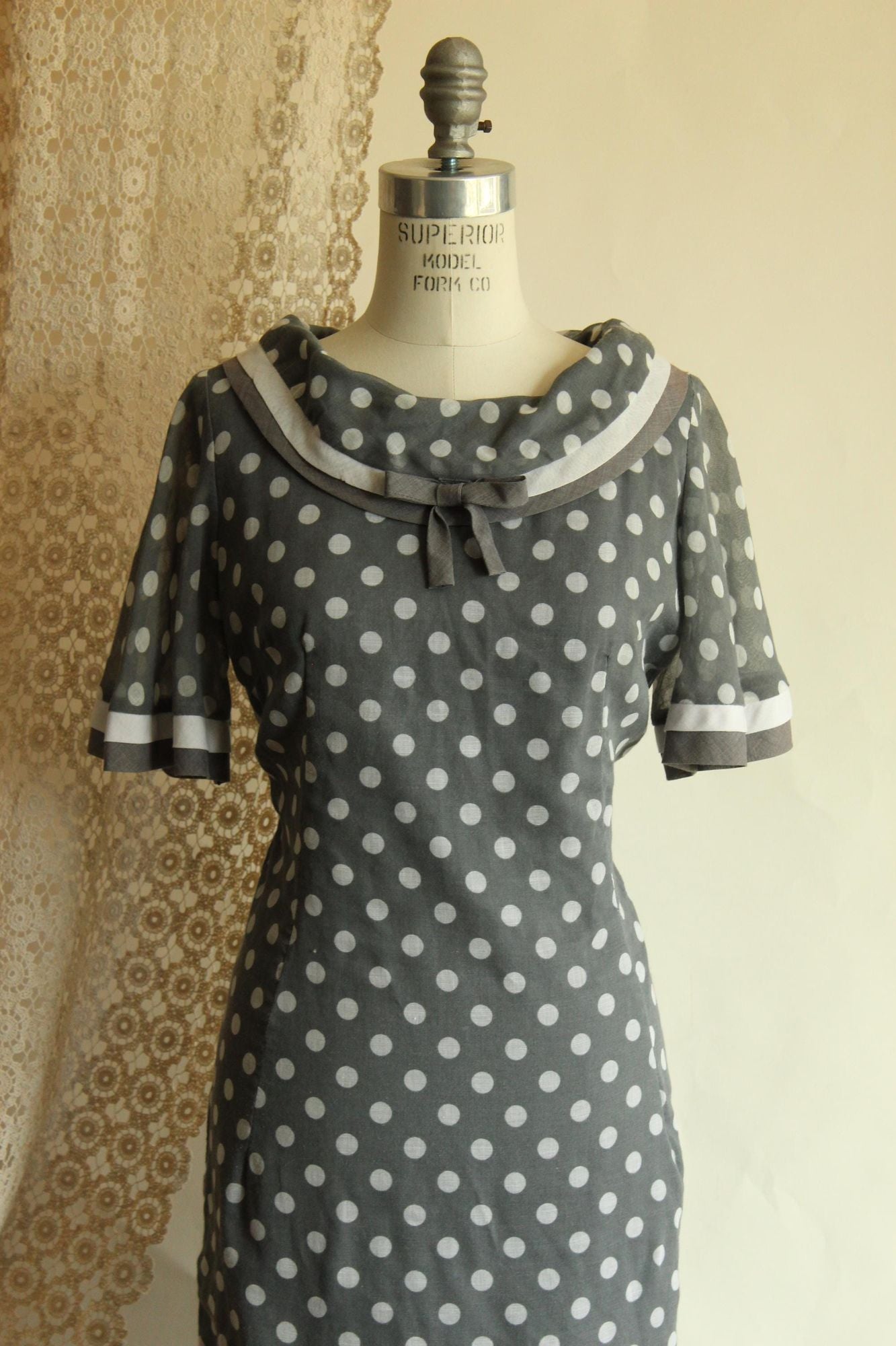 Vintage 1960s Dress, Volup Gray and White Polkadot with Bertha Collar, Mod Style
