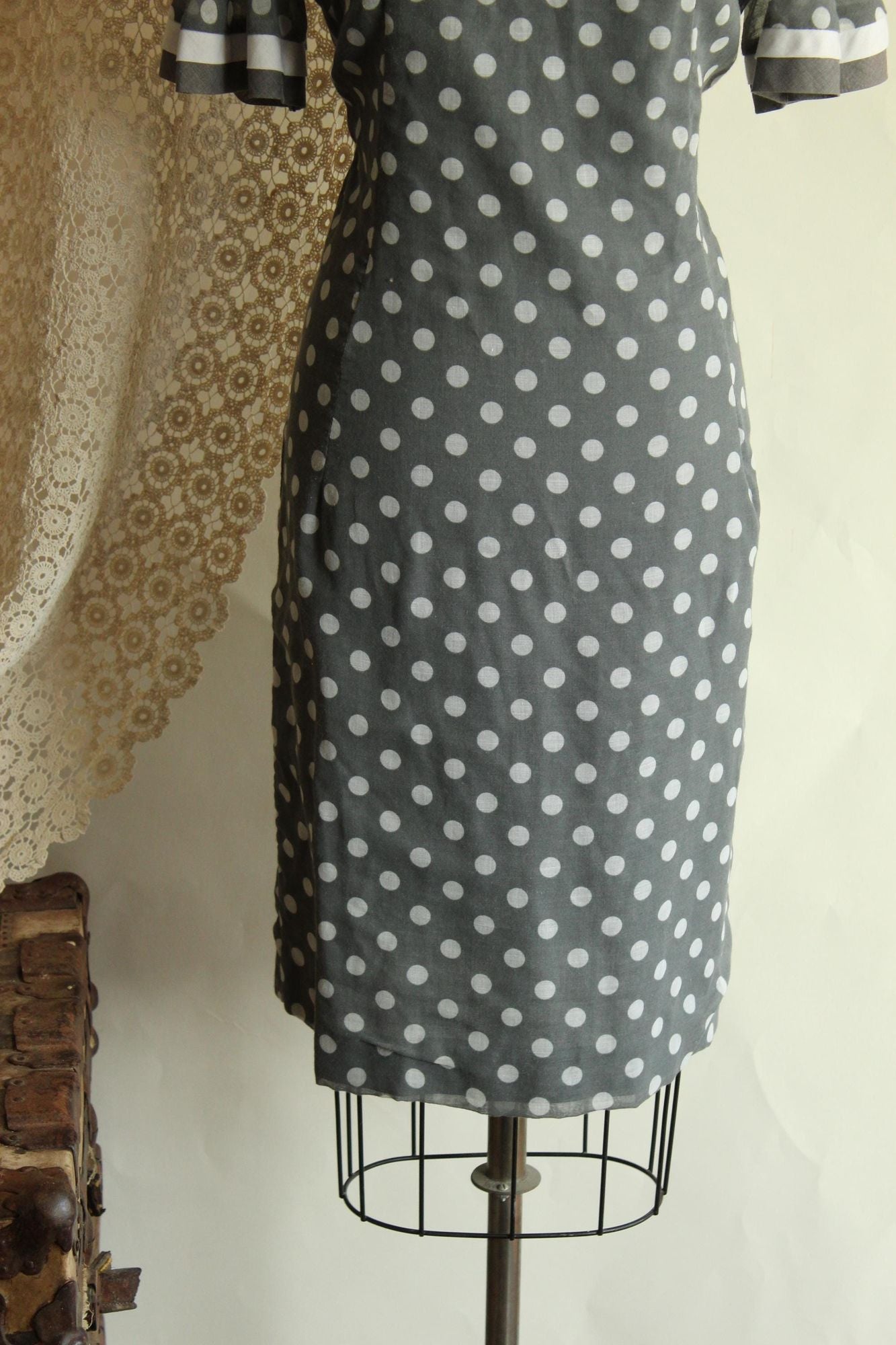 Vintage 1960s Dress, Volup Gray and White Polkadot with Bertha Collar, Mod Style