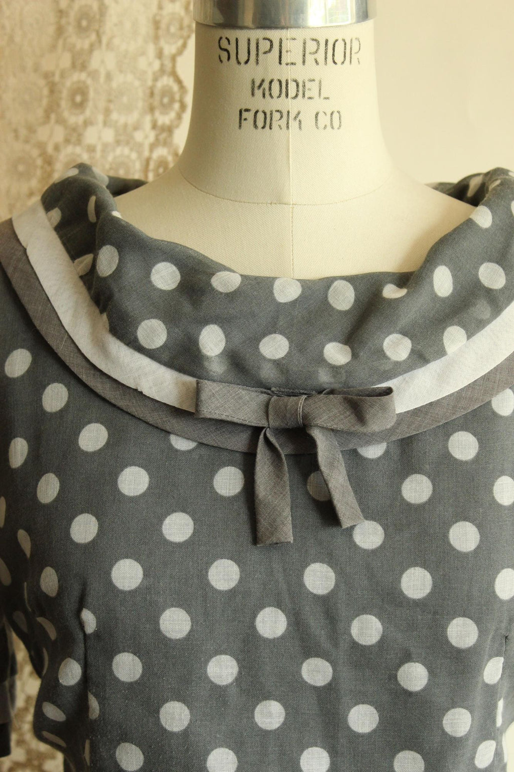Vintage 1960s Dress, Volup Gray and White Polkadot with Bertha Collar, Mod Style