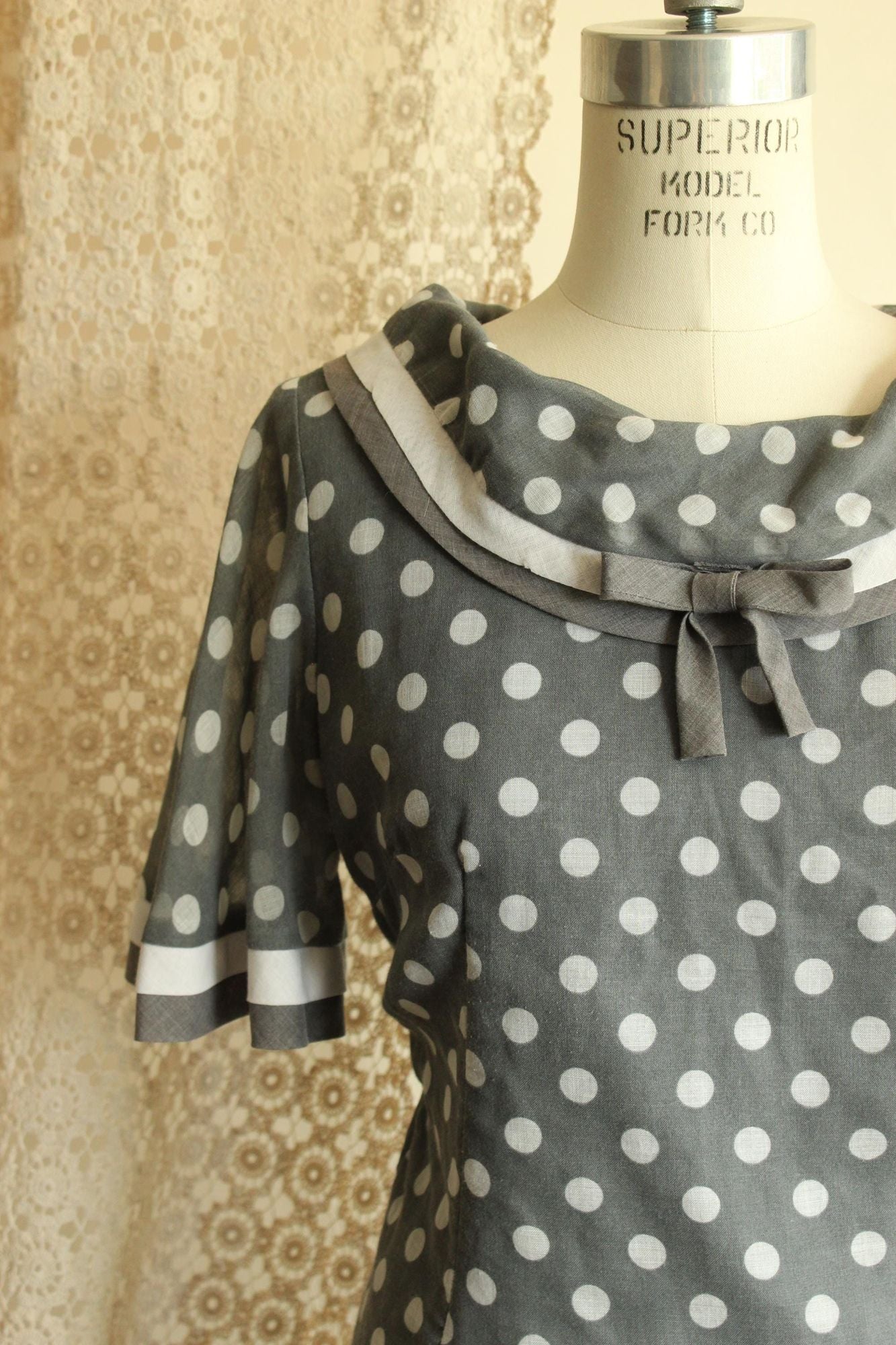 Vintage 1960s Dress, Volup Gray and White Polkadot with Bertha Collar, Mod Style
