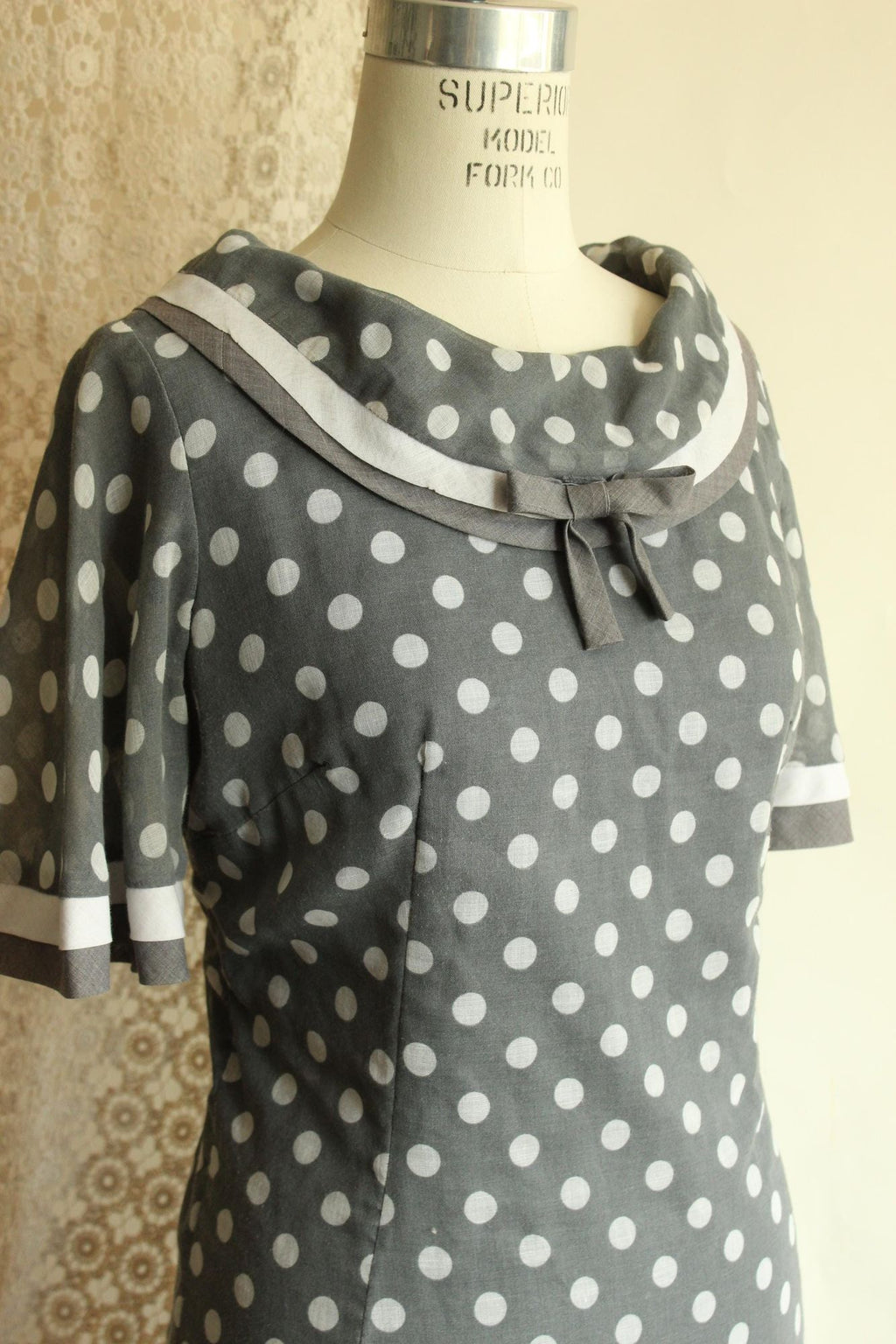 Vintage 1960s Dress, Volup Gray and White Polkadot with Bertha Collar, Mod Style