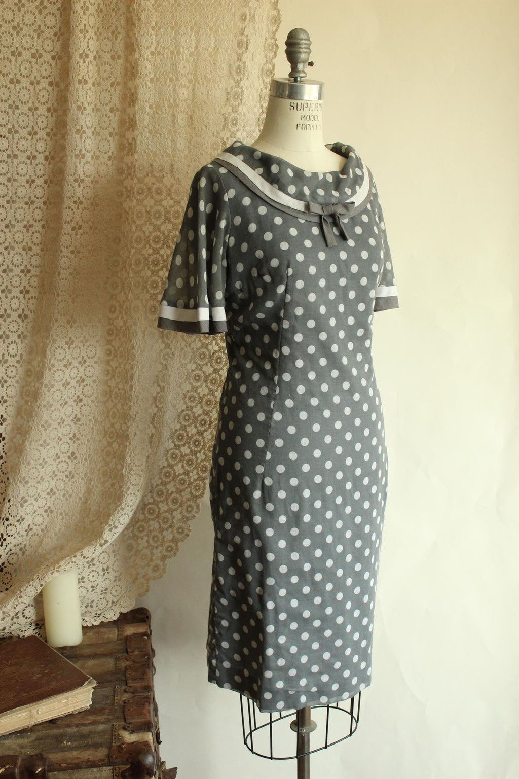 Vintage 1960s Dress, Volup Gray and White Polkadot with Bertha Collar, Mod Style