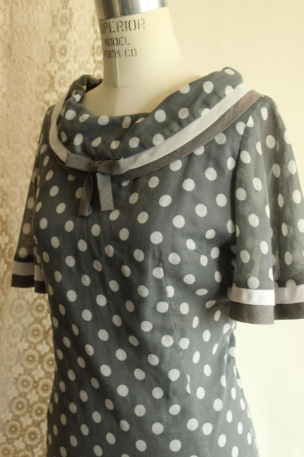 Vintage 1960s Dress, Volup Gray and White Polkadot with Bertha Collar, Mod Style