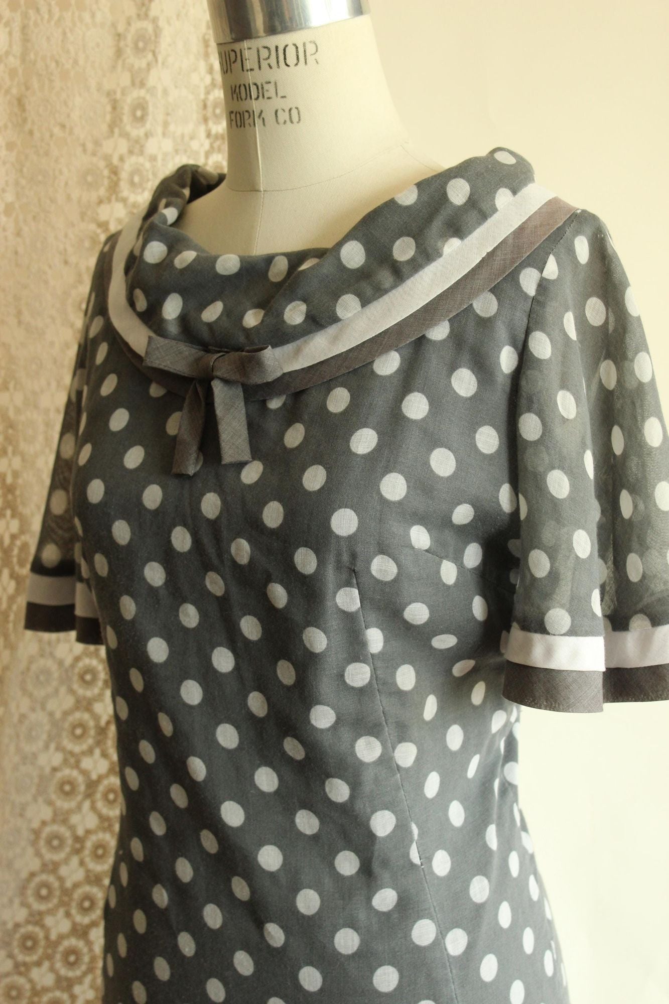 Vintage 1960s Dress, Volup Gray and White Polkadot with Bertha Collar, Mod Style