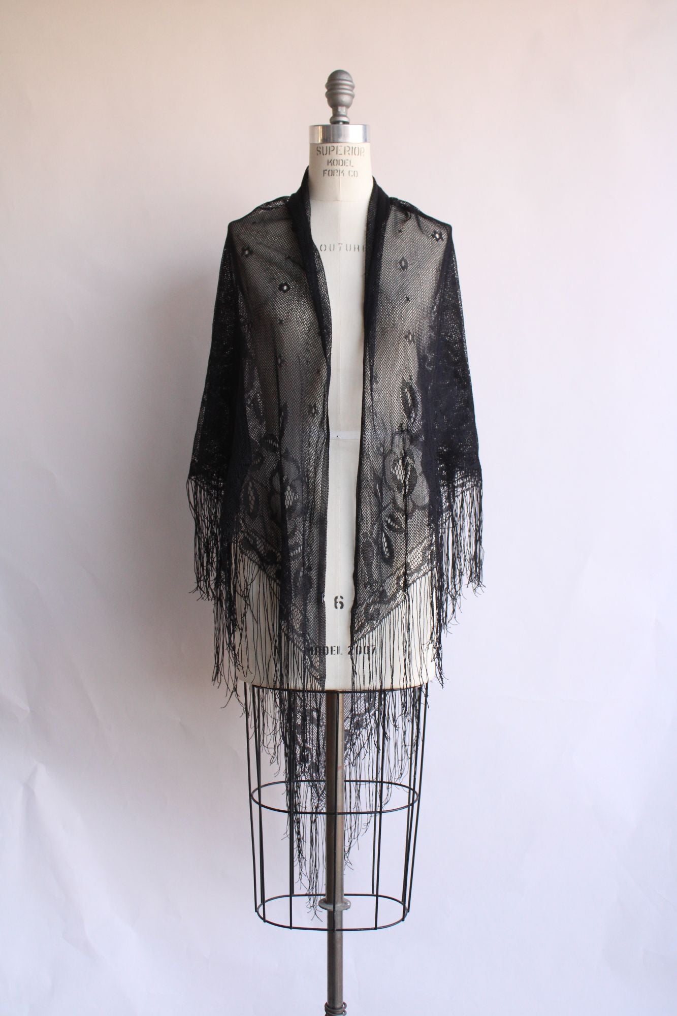 Womens Black Lace Shawl with Fringe, Triangle Wrap, Witchy Goth Style