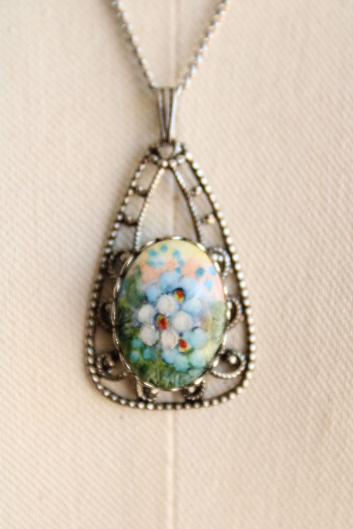 Vintage Floral Cameo Pendant with Silver Filigree on Chain