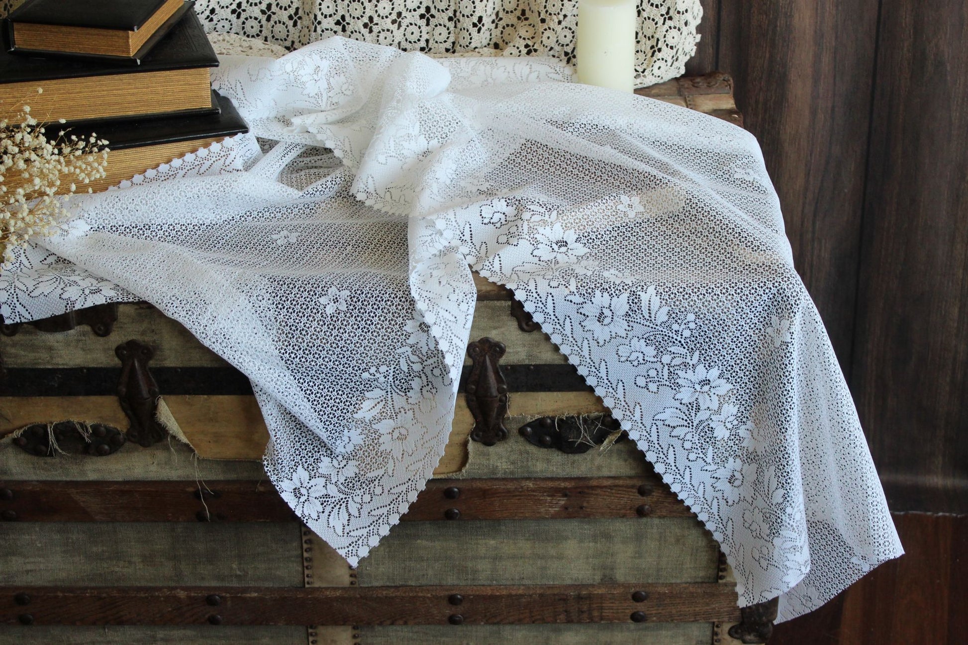 Vintage 1980s 1990s White Lace Fabric,  24" Wide 88" Long Piece, Floral Pattern