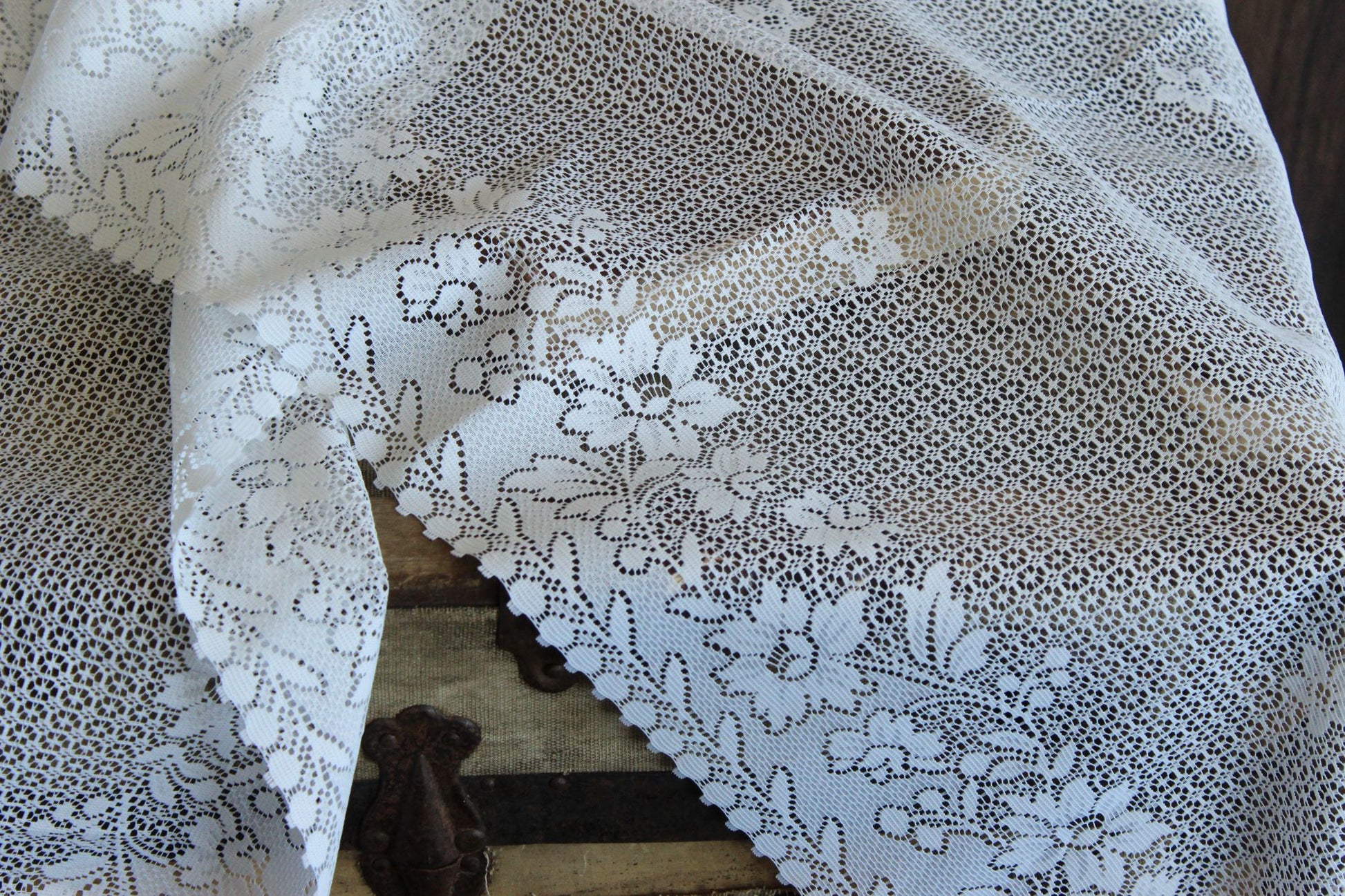 Vintage 1980s 1990s White Lace Fabric,  24" Wide 88" Long Piece, Floral Pattern