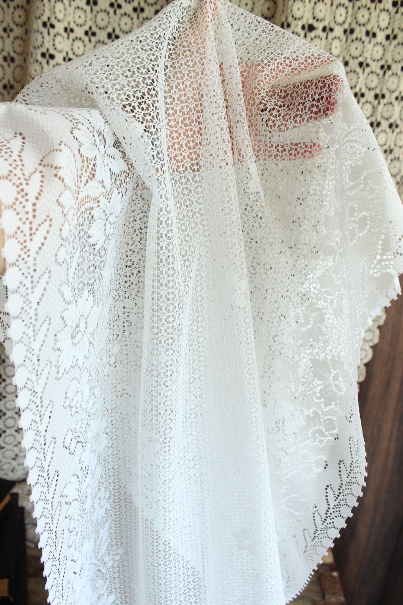 Vintage 1980s 1990s White Lace Fabric,  24" Wide 88" Long Piece, Floral Pattern