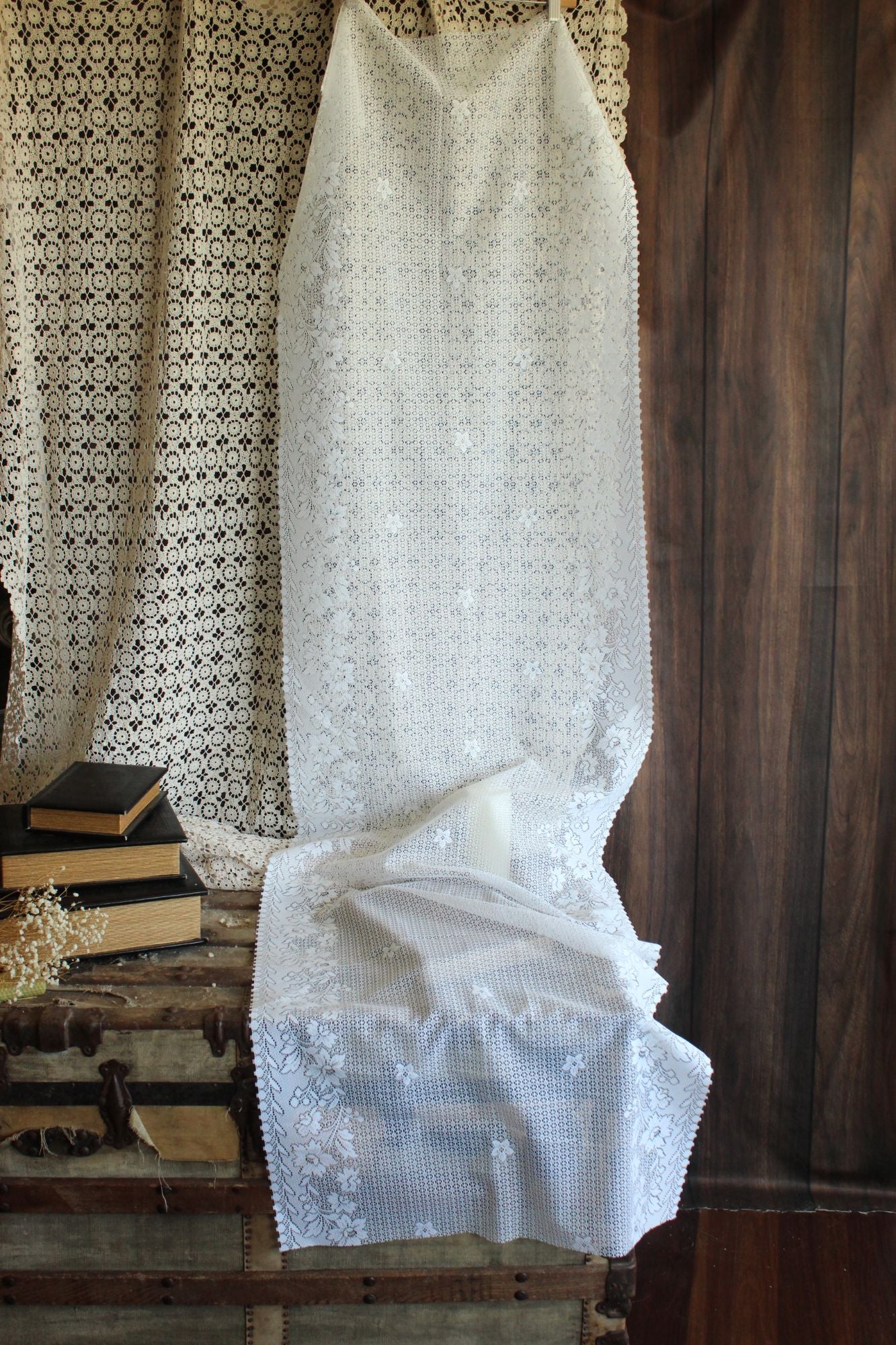 Vintage 1980s 1990s White Lace Fabric,  24" Wide 88" Long Piece, Floral Pattern