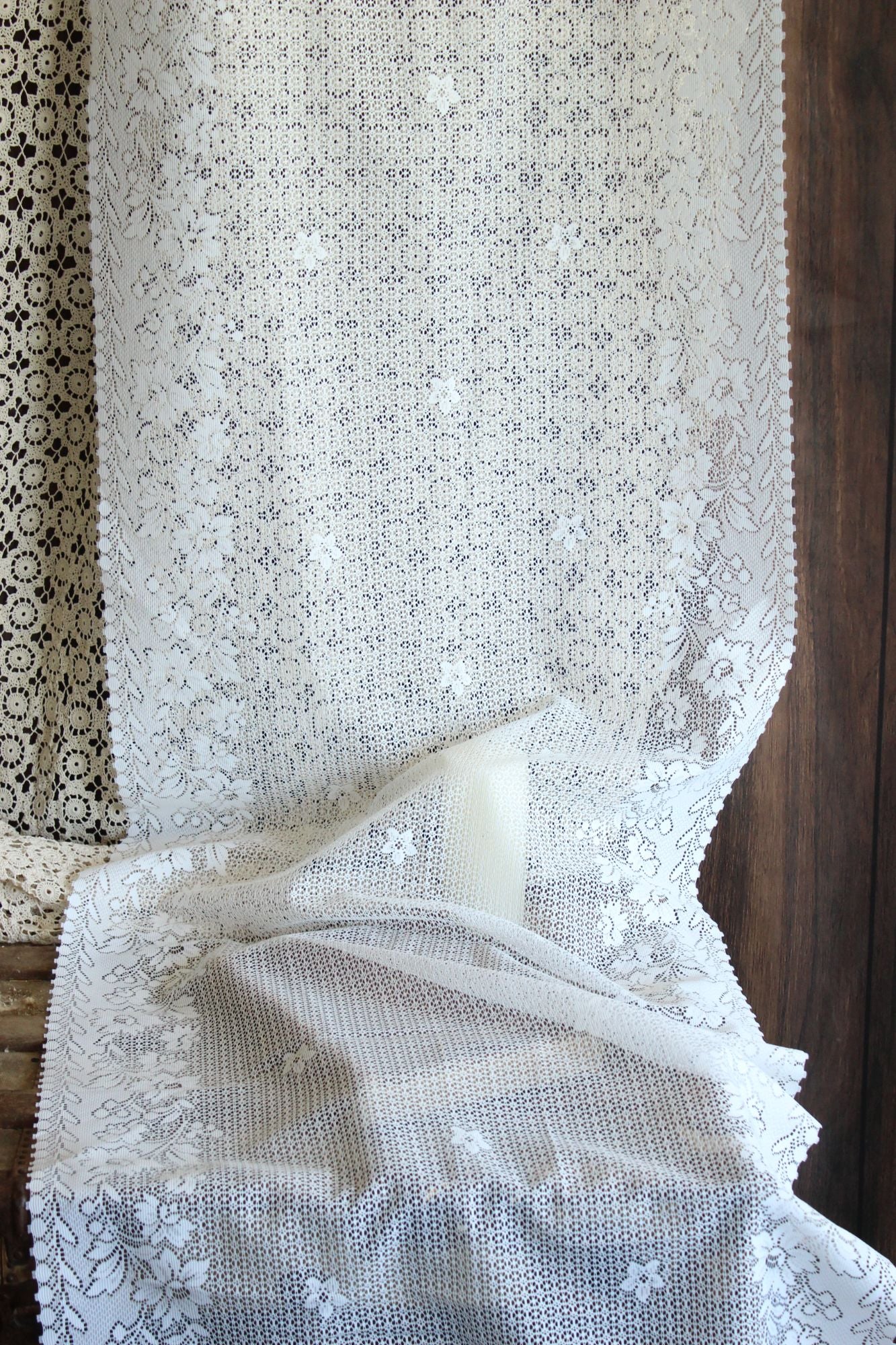 Vintage 1980s 1990s White Lace Fabric,  24" Wide 88" Long Piece, Floral Pattern