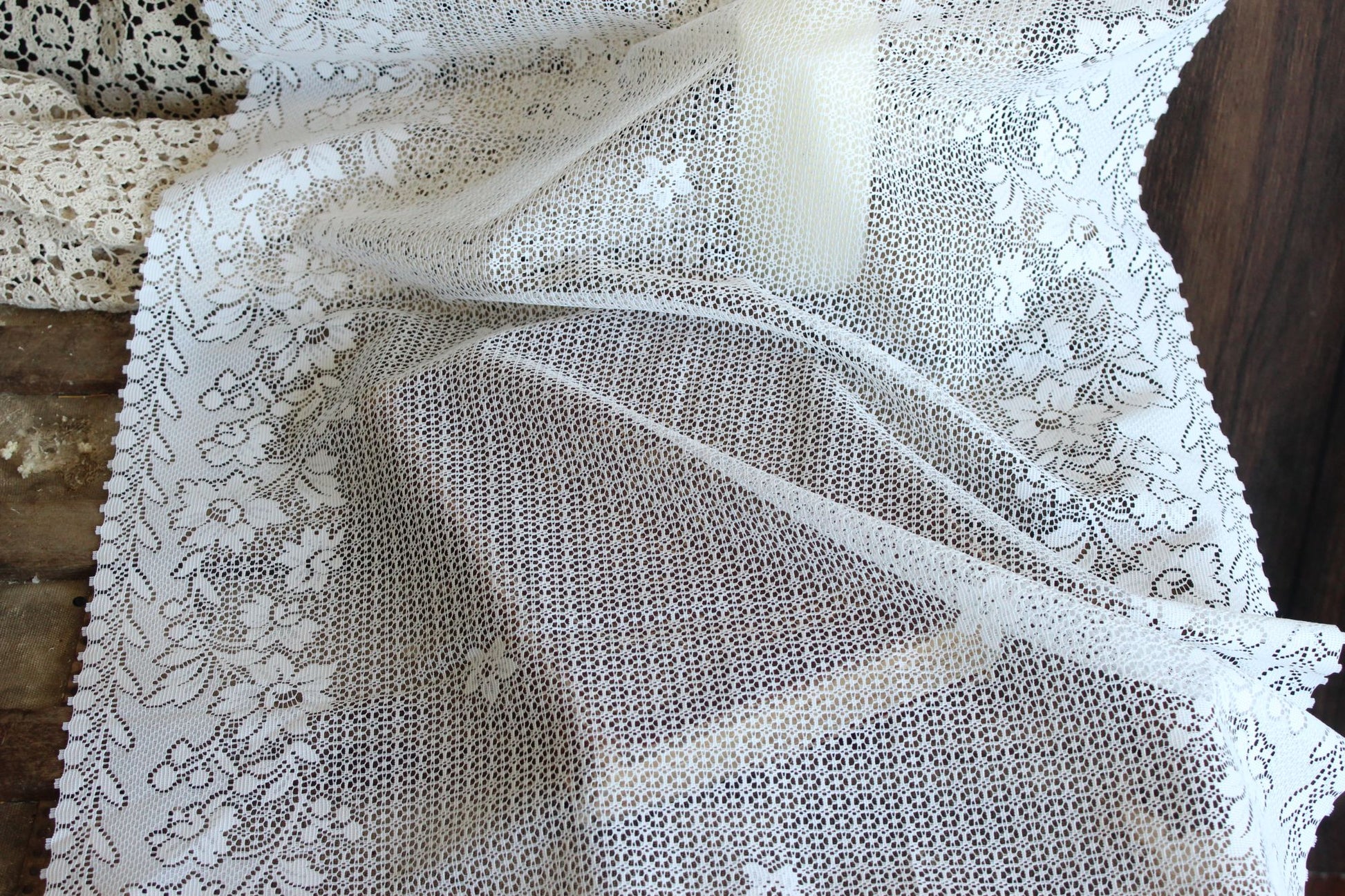 Vintage 1980s 1990s White Lace Fabric,  24" Wide 88" Long Piece, Floral Pattern