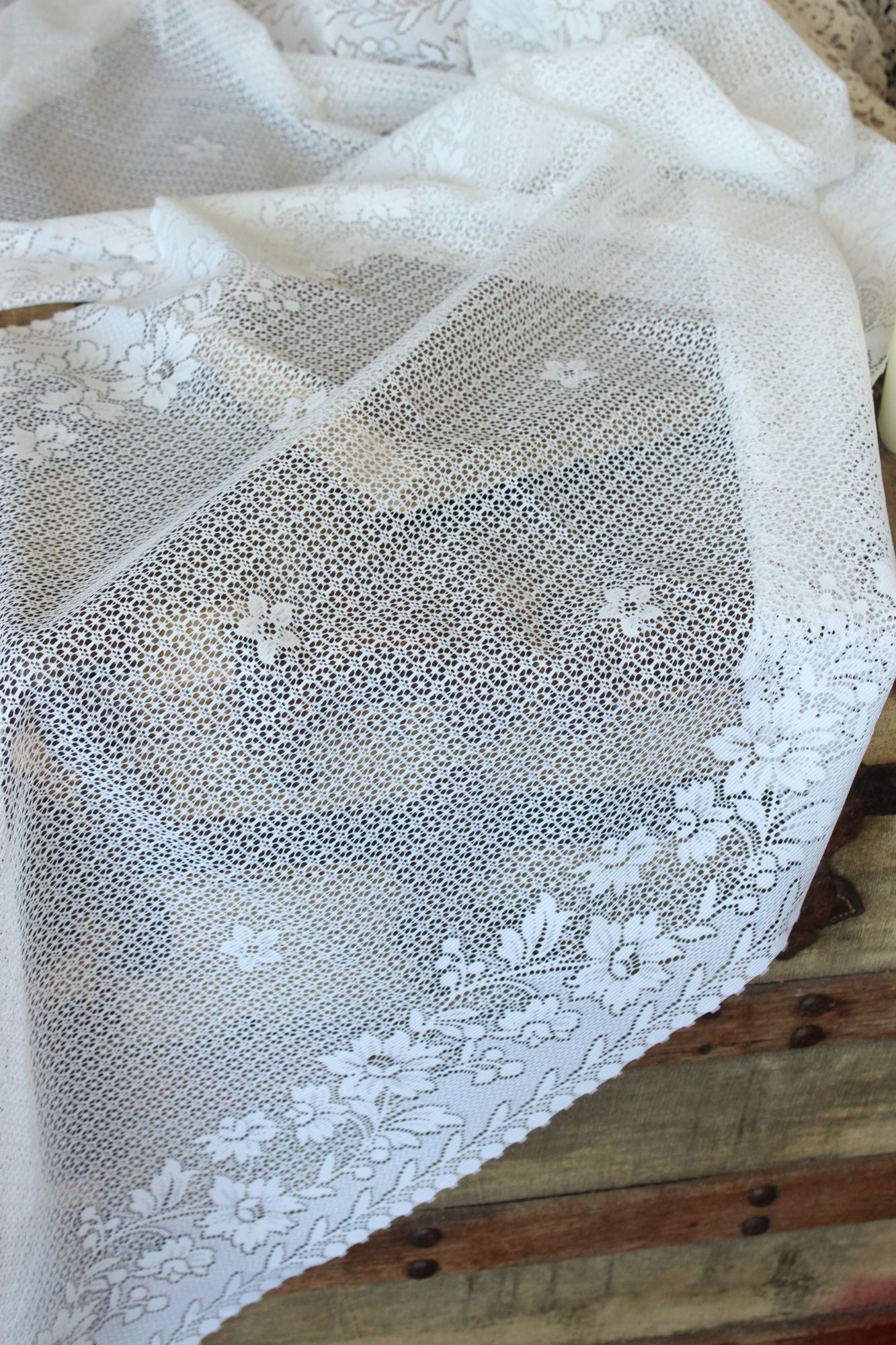Vintage 1980s 1990s White Lace Fabric,  24" Wide 88" Long Piece, Floral Pattern