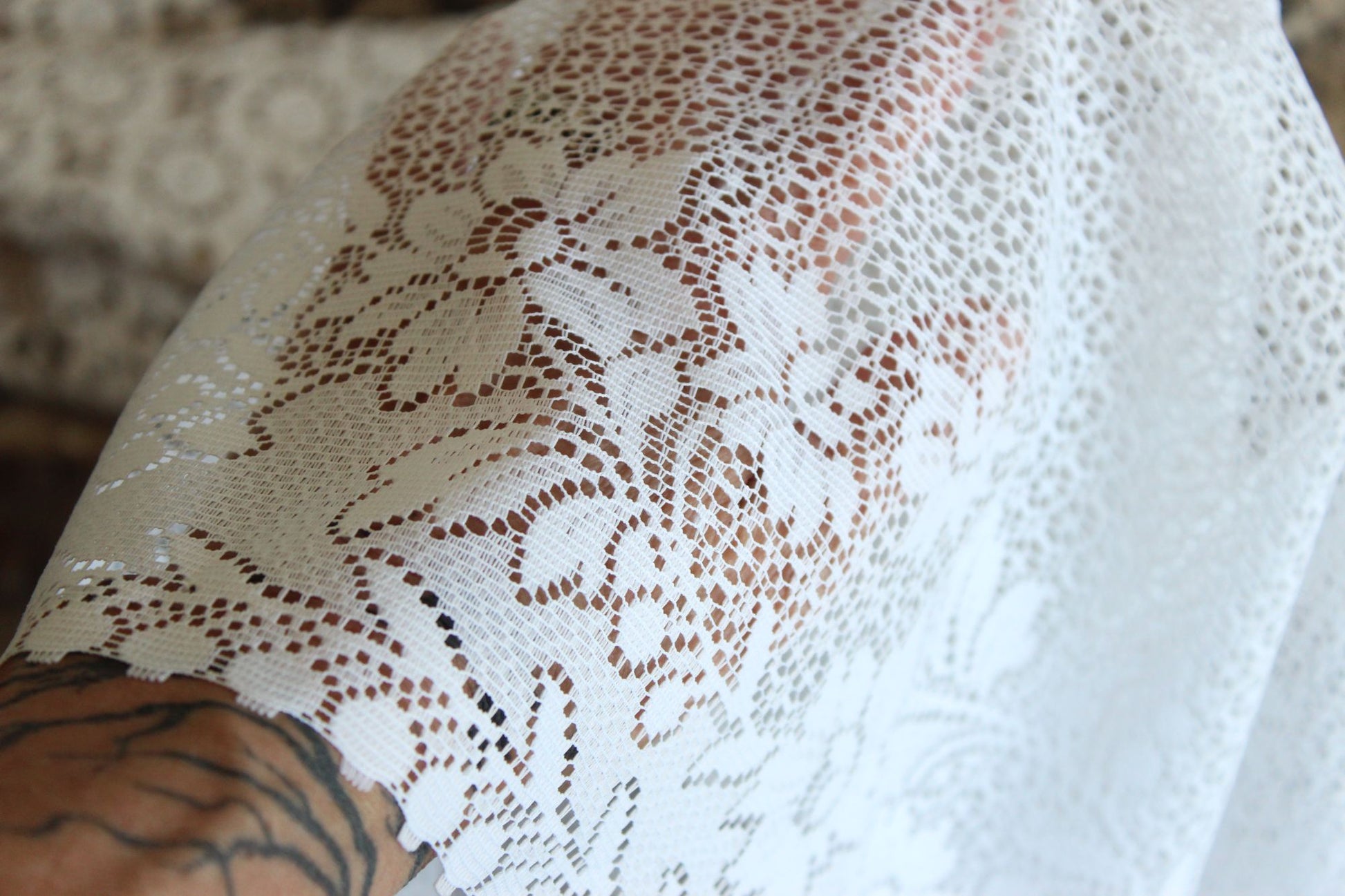 Vintage 1980s 1990s White Lace Fabric,  24" Wide 88" Long Piece, Floral Pattern
