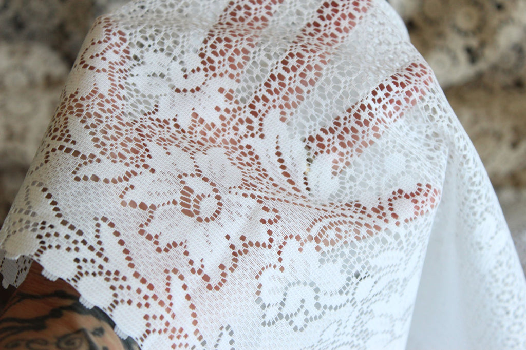 Vintage 1980s 1990s White Lace Fabric,  24" Wide 88" Long Piece, Floral Pattern