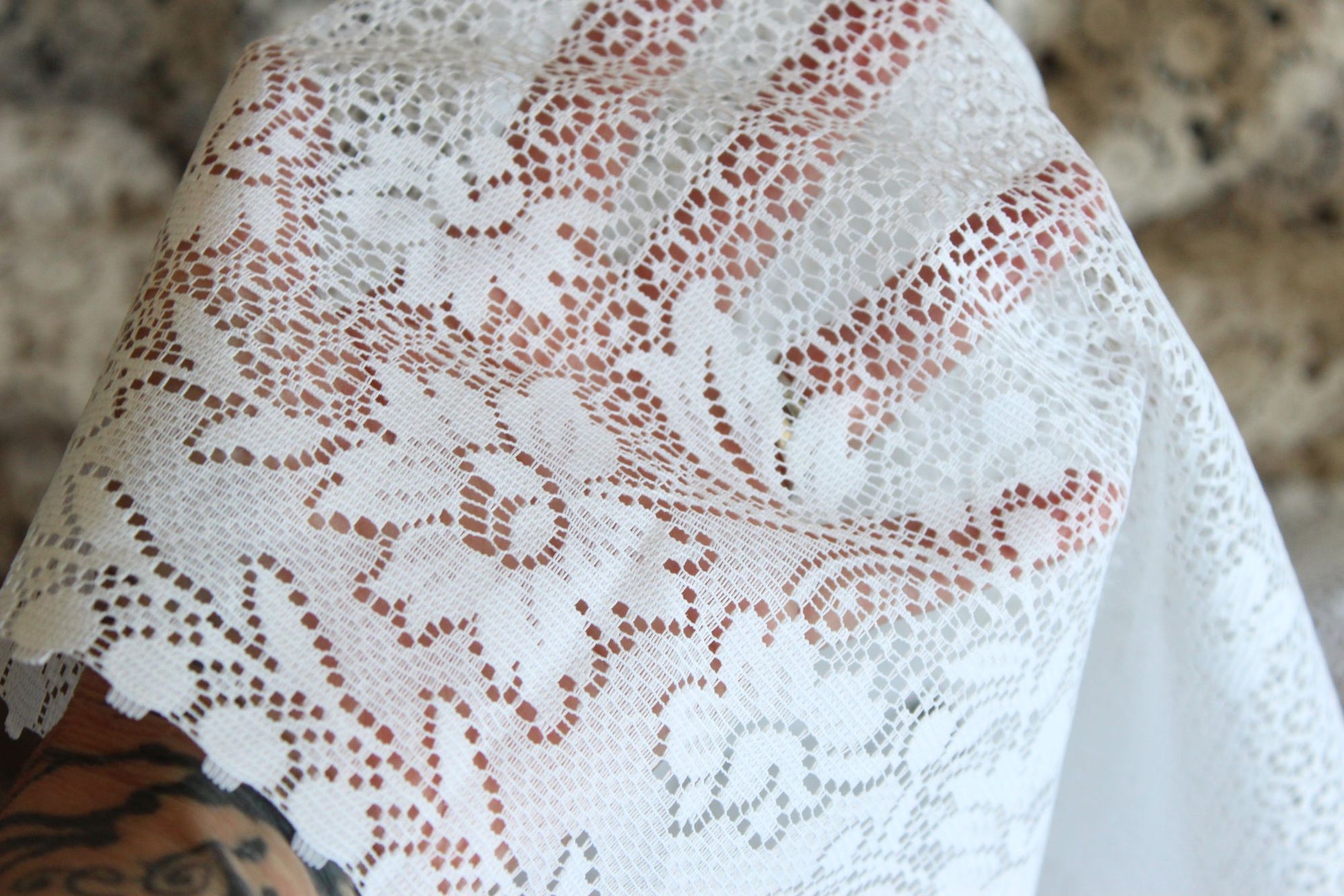 Vintage 1980s 1990s White Lace Fabric,  24" Wide 88" Long Piece, Floral Pattern