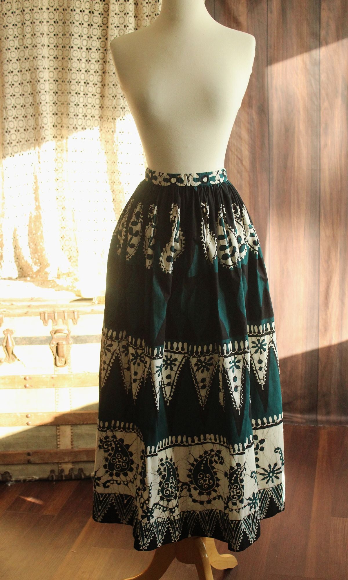 Vintage 1960s 1970s Black Teal and White Maxiskirt in a Batik Print