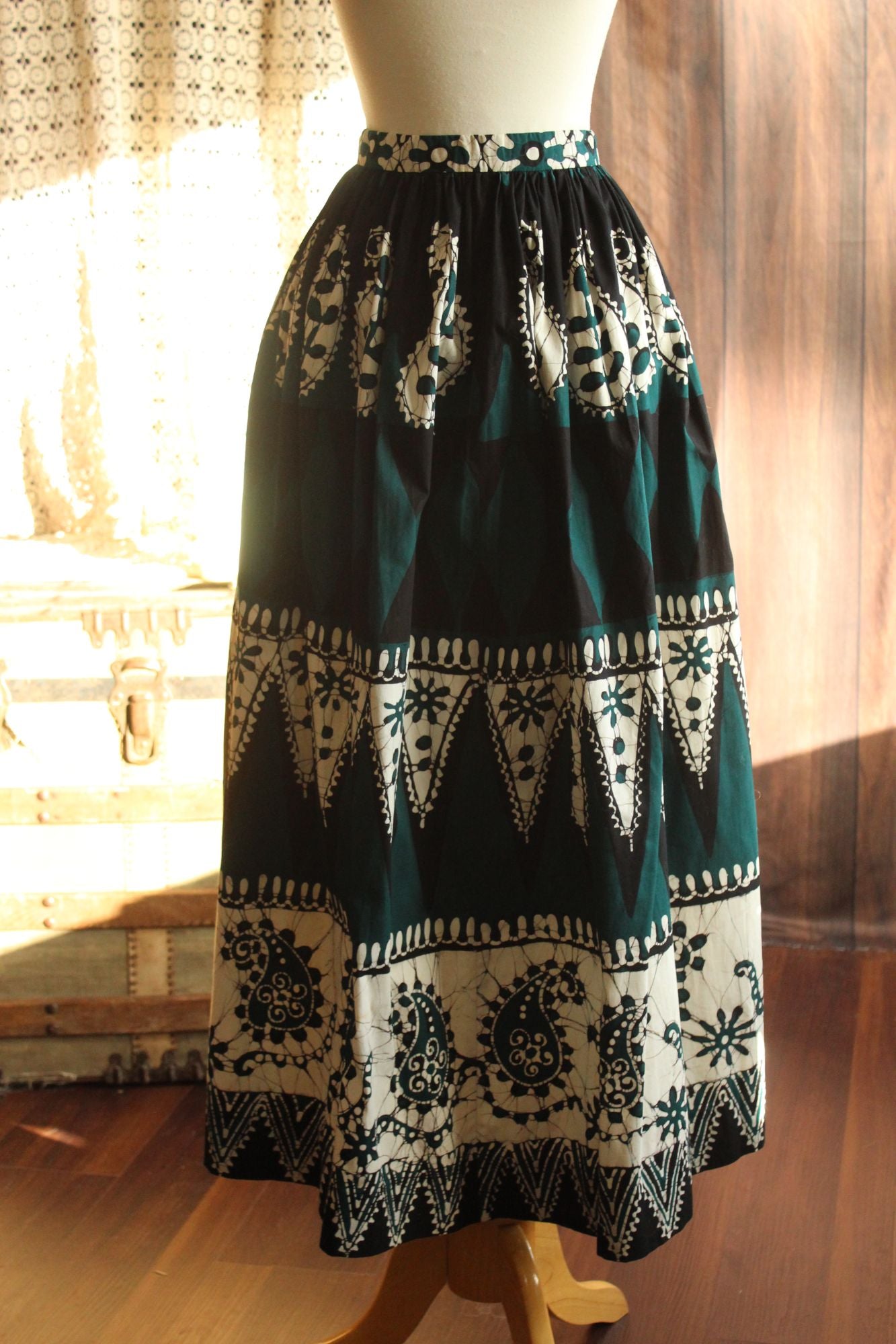Vintage 1960s 1970s Black Teal and White Maxiskirt in a Batik Print