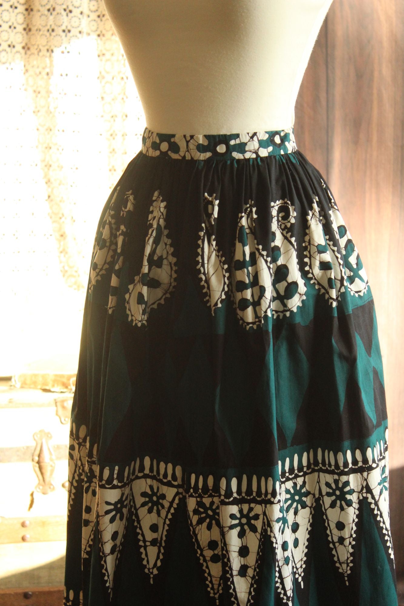Vintage 1960s 1970s Black Teal and White Maxiskirt in a Batik Print