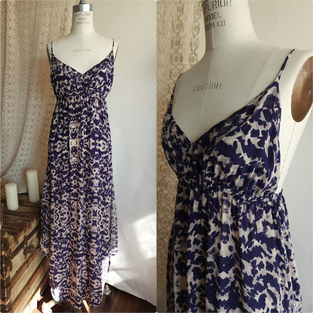 Gypsy 05 Silk Maxidress. Size Medium, Blue and Cream Ikat, Asymetrical Hem
