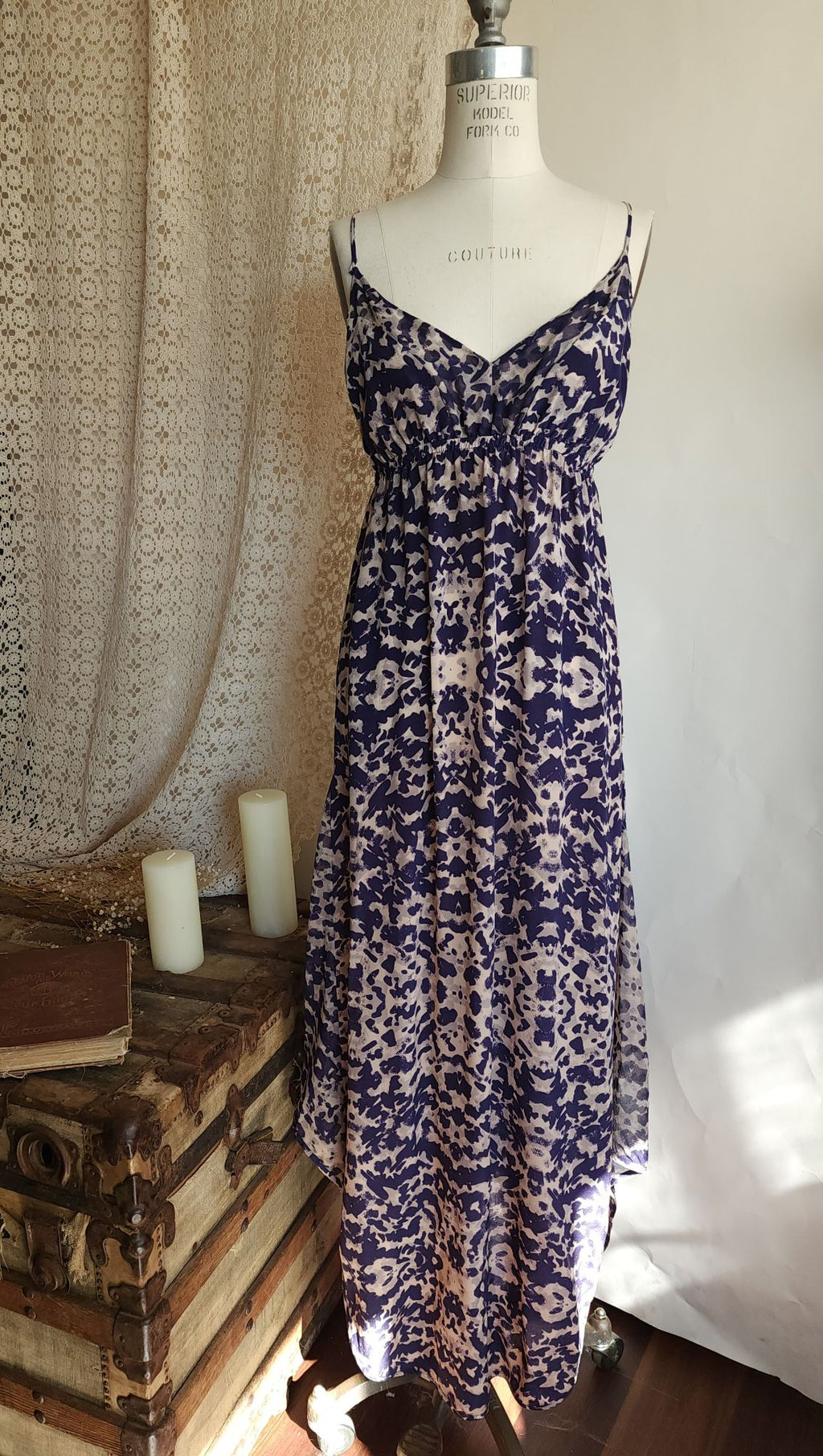 Gypsy 05 Silk Maxidress. Size Medium, Blue and Cream Ikat, Asymetrical Hem