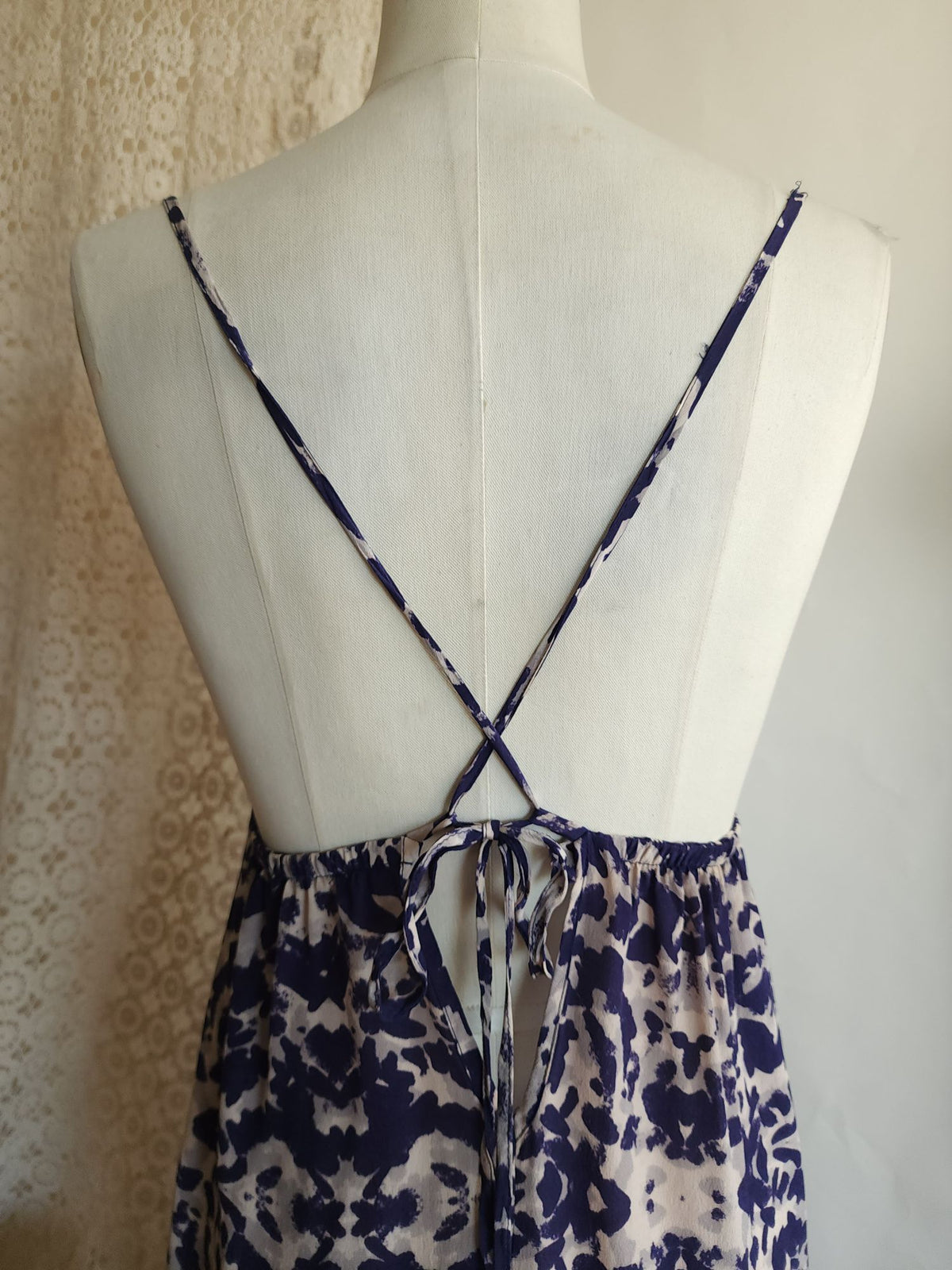 Gypsy 05 Silk Maxidress. Size Medium, Blue and Cream Ikat, Asymetrical Hem