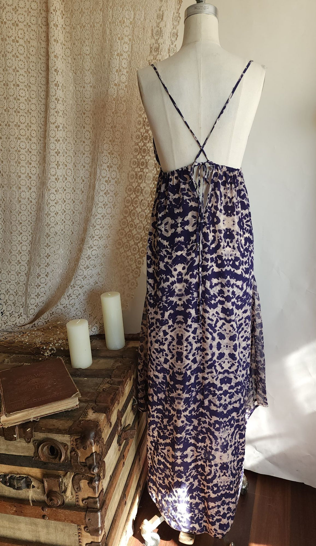 Gypsy 05 Silk Maxidress. Size Medium, Blue and Cream Ikat, Asymetrical Hem