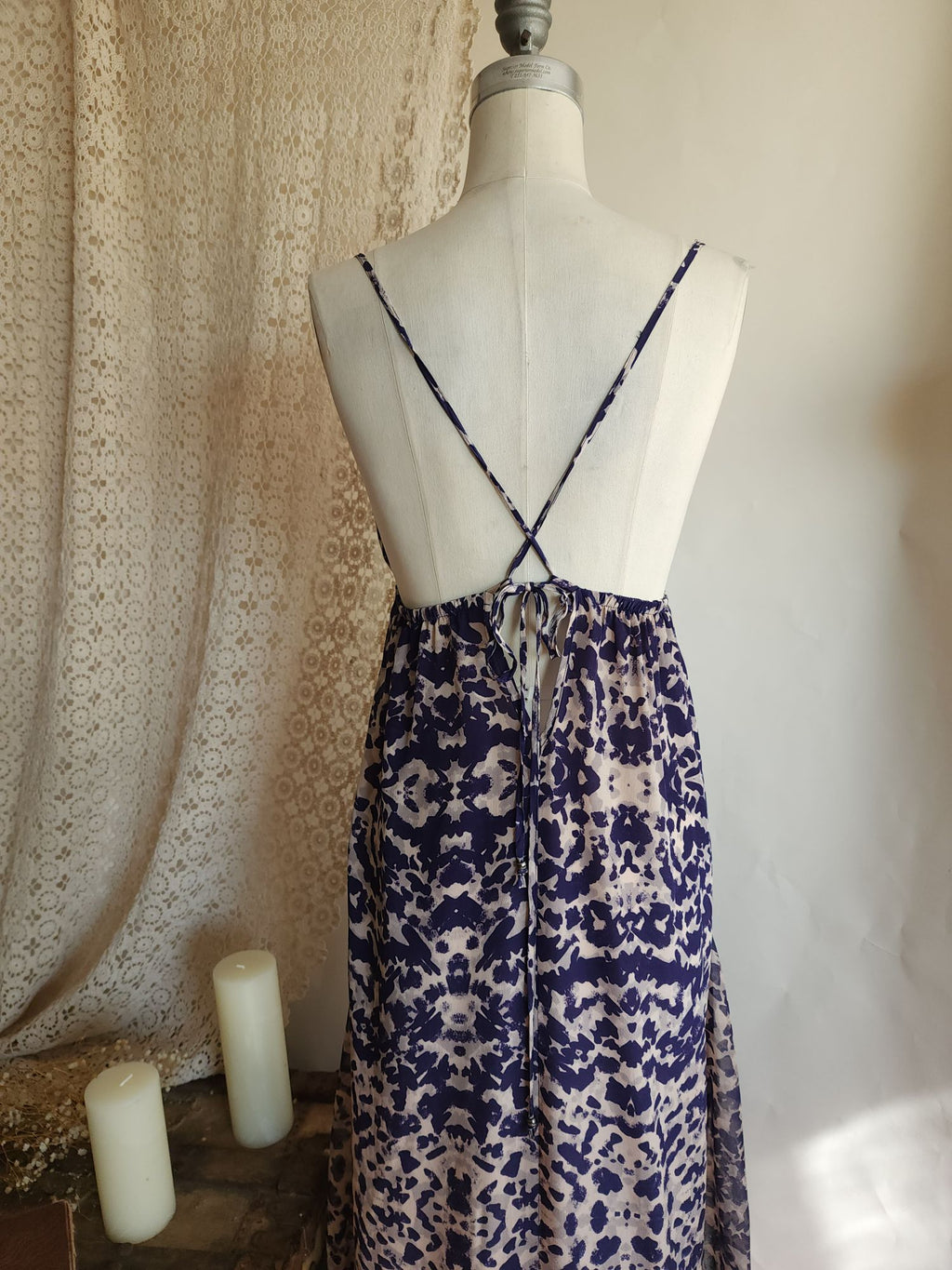 Gypsy 05 Silk Maxidress. Size Medium, Blue and Cream Ikat, Asymetrical Hem