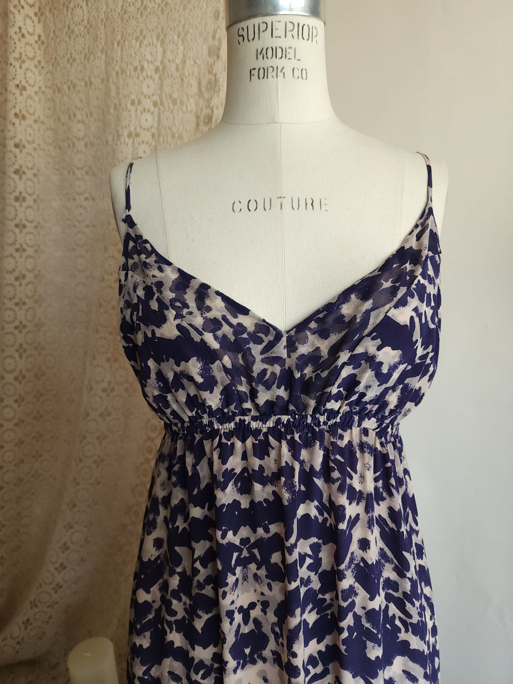 Gypsy 05 Silk Maxidress. Size Medium, Blue and Cream Ikat, Asymetrical Hem