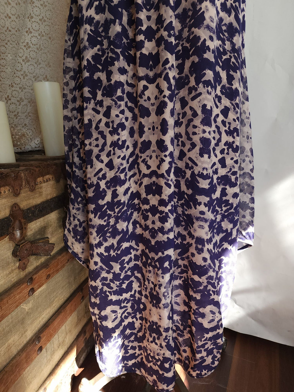 Gypsy 05 Silk Maxidress. Size Medium, Blue and Cream Ikat, Asymetrical Hem