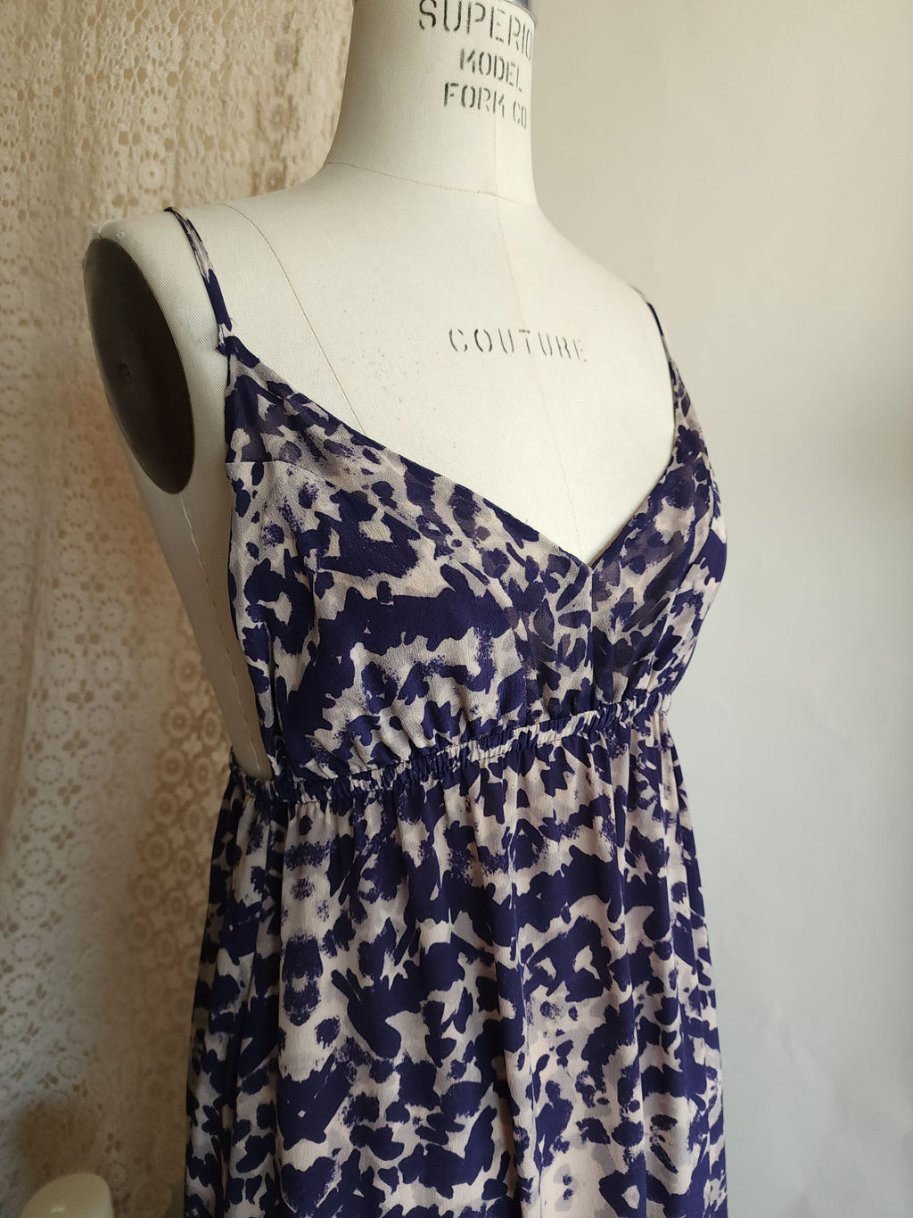 Gypsy 05 Silk Maxidress. Size Medium, Blue and Cream Ikat, Asymetrical Hem