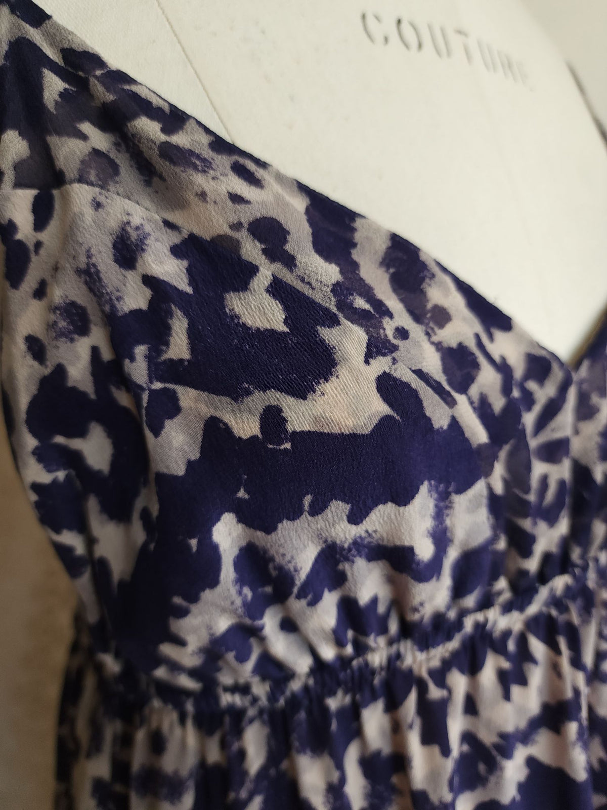 Gypsy 05 Silk Maxidress. Size Medium, Blue and Cream Ikat, Asymetrical Hem